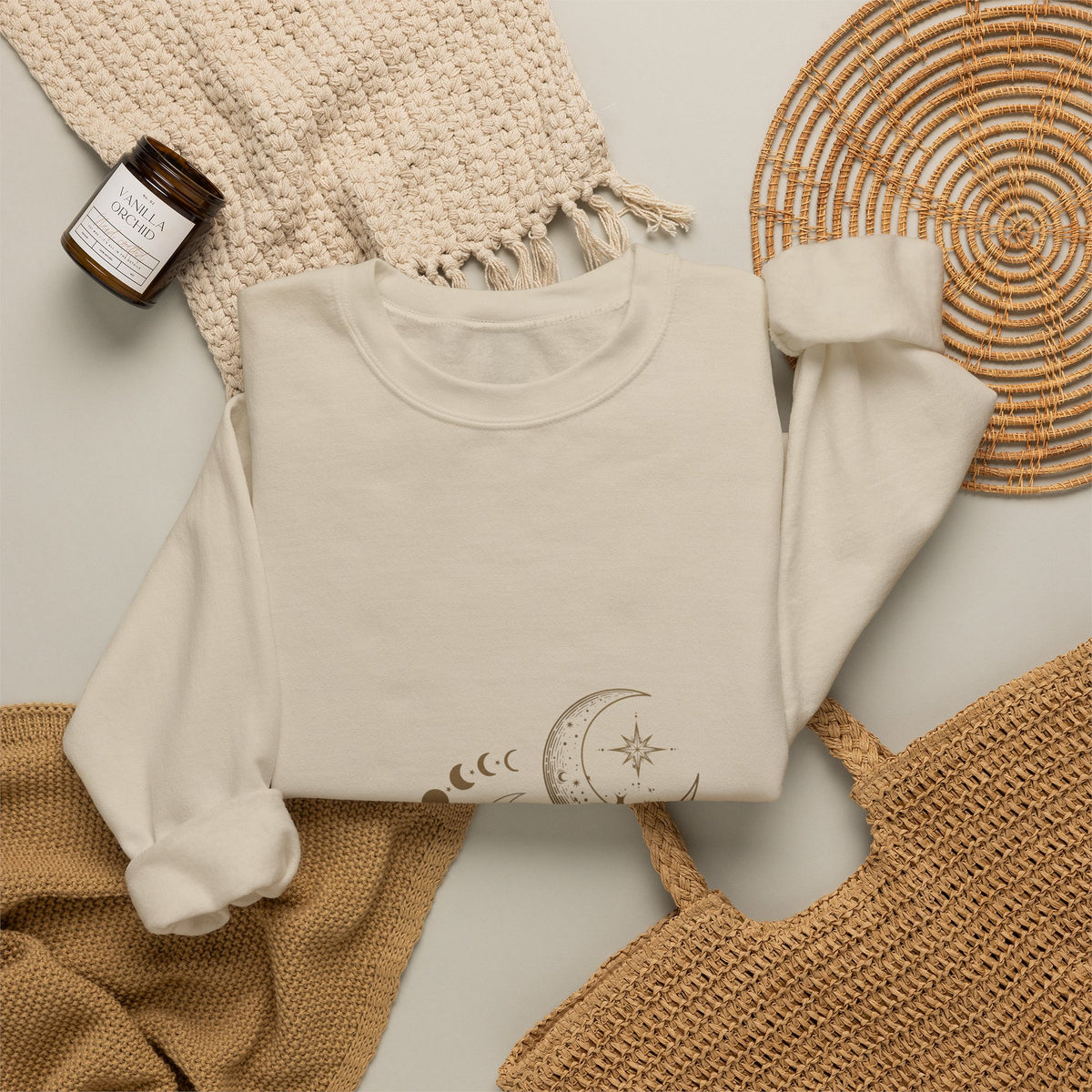 Moon Phases Crewneck Sweatshirt — Celestial Crescent & Phases Graphic