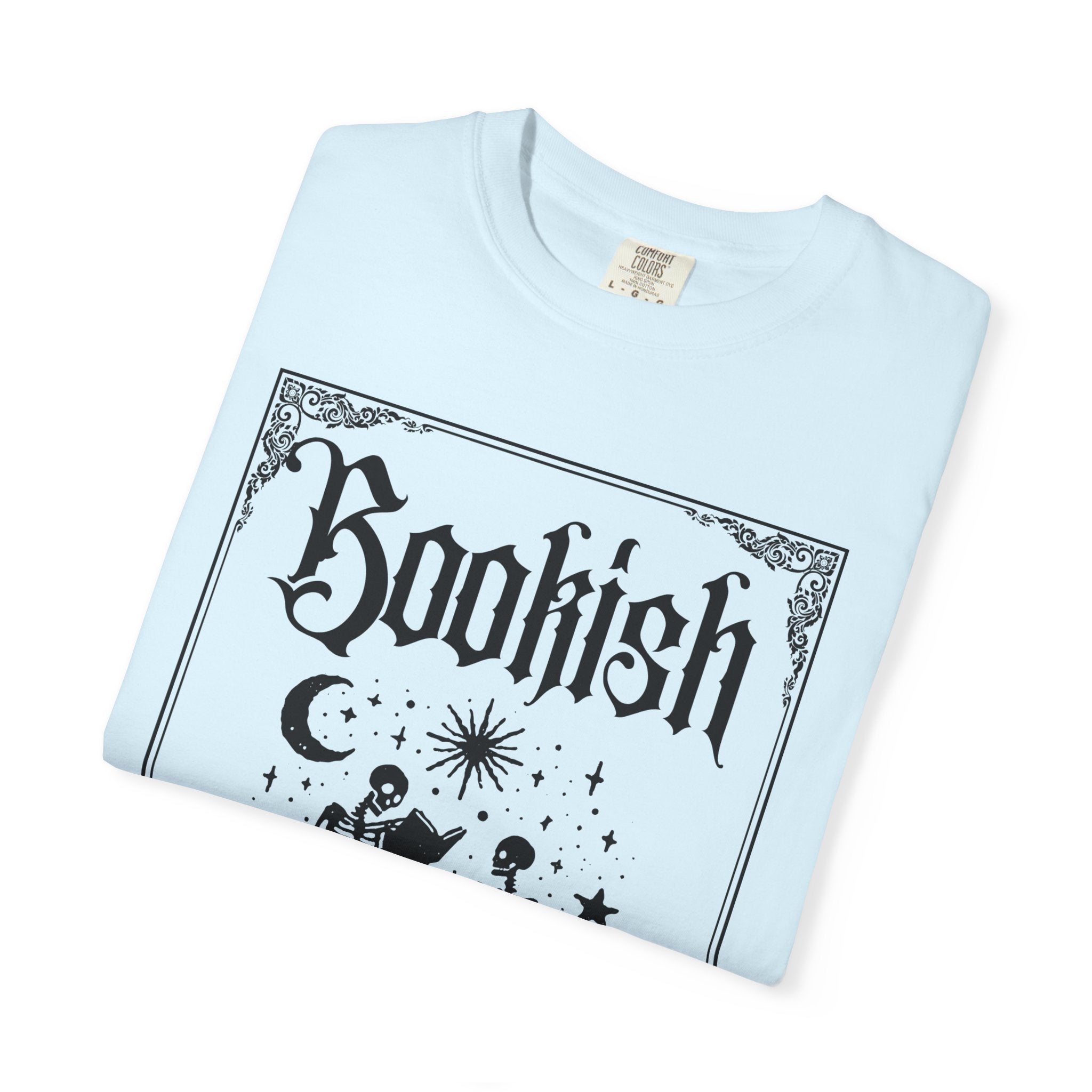 Bookish Dark Graphic T-Shirt — Gothic Skeleton Reading Design