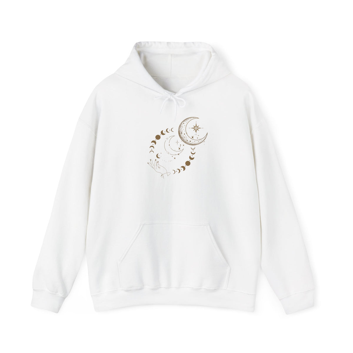Celestial Moon Phases Hoodie – Gold Crescent & Stars Spiritual Sweatshirt