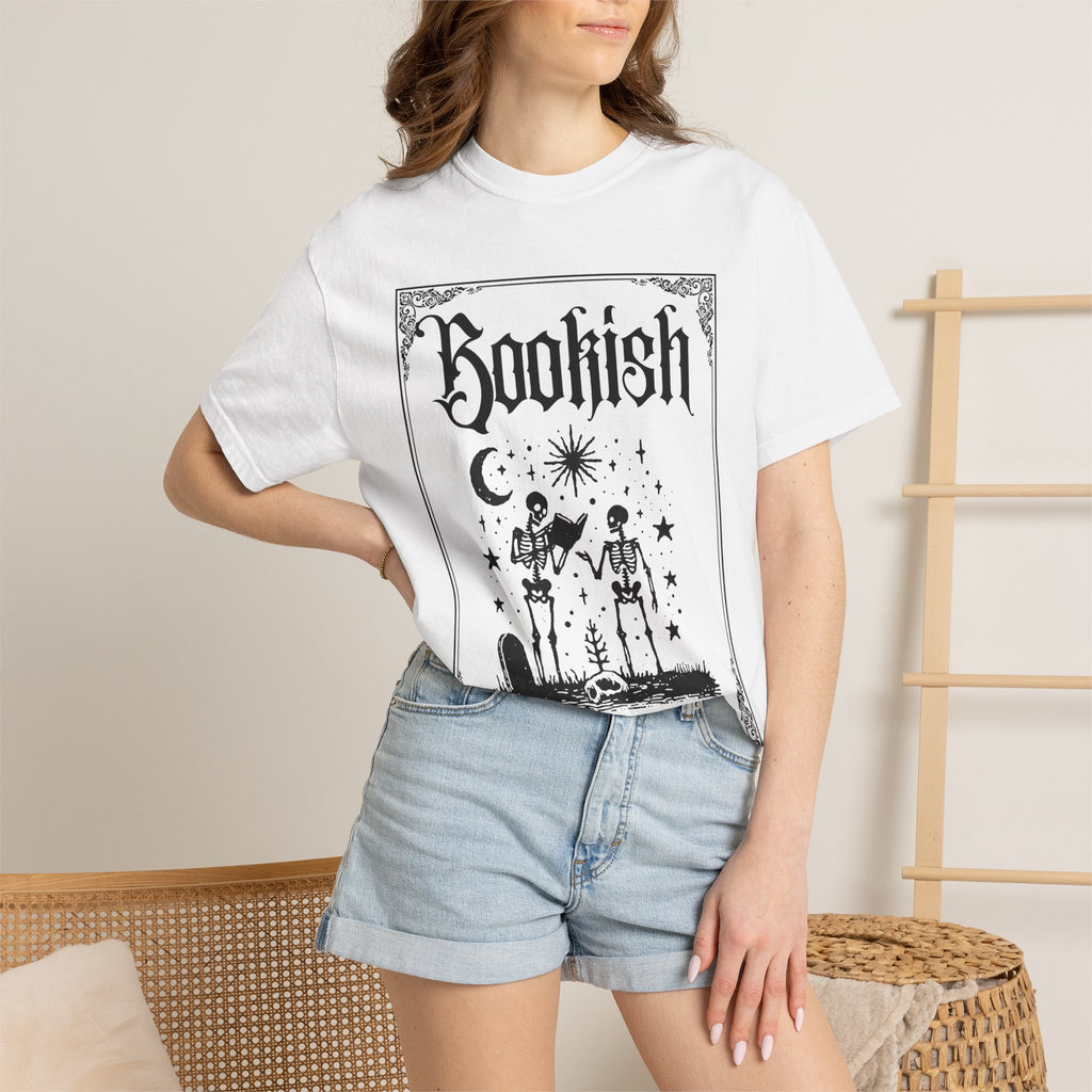 Bookish Dark Graphic T-Shirt — Gothic Skeleton Reading Design