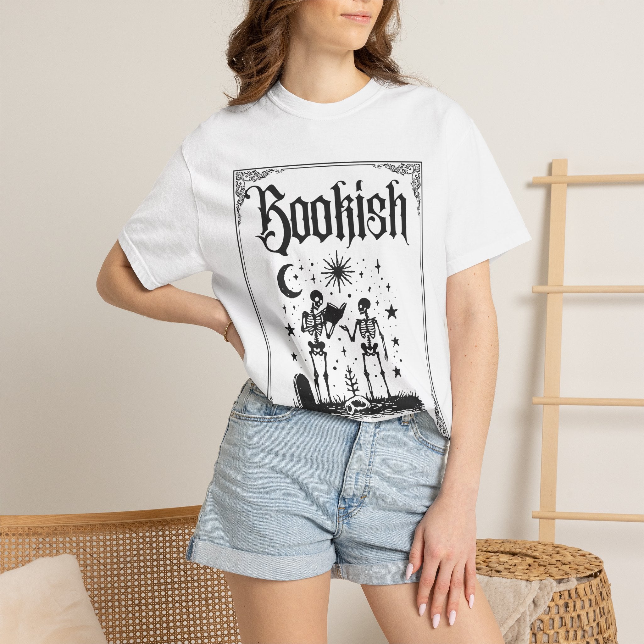 Bookish Dark Graphic T-Shirt — Gothic Skeleton Reading Design
