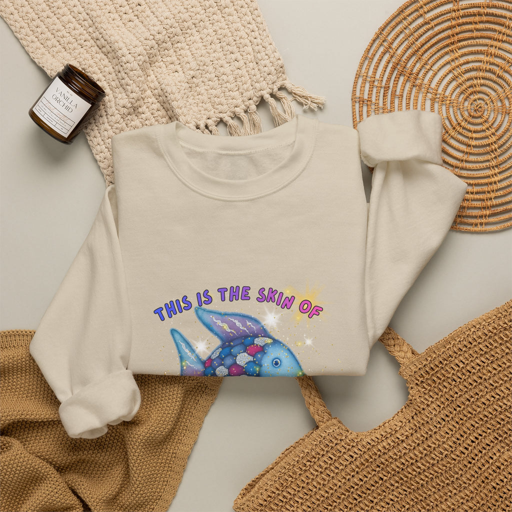 Crewneck Sweatshirt — 'This Is The Skin Of A Killer, Baby' Colorful Fish Graphic