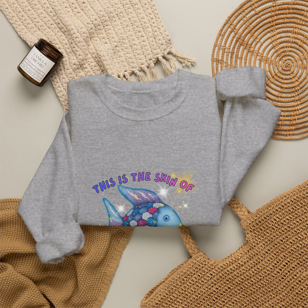 Crewneck Sweatshirt — 'This Is The Skin Of A Killer, Baby' Colorful Fish Graphic