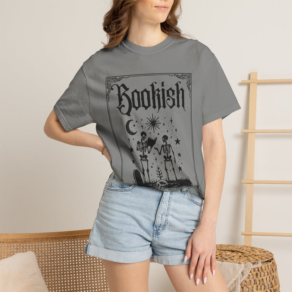 Bookish Dark Graphic T-Shirt — Gothic Skeleton Reading Design