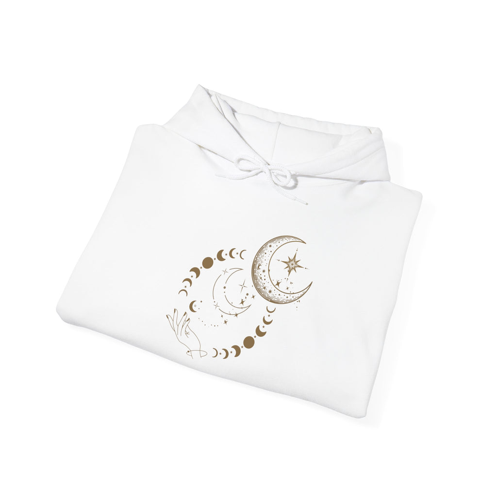 Celestial Moon Phases Hoodie – Gold Crescent & Stars Spiritual Sweatshirt