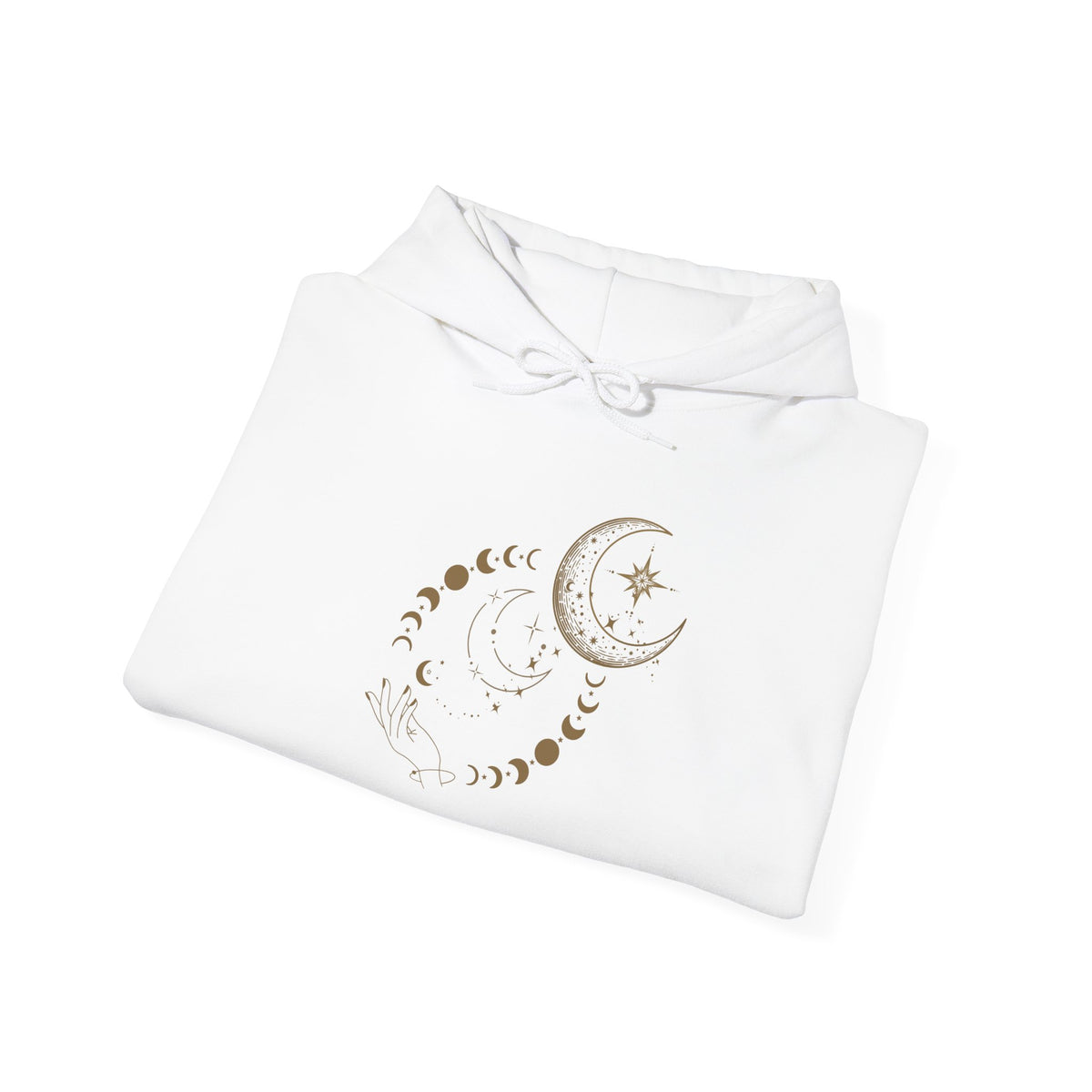Celestial Moon Phases Hoodie – Gold Crescent & Stars Spiritual Sweatshirt