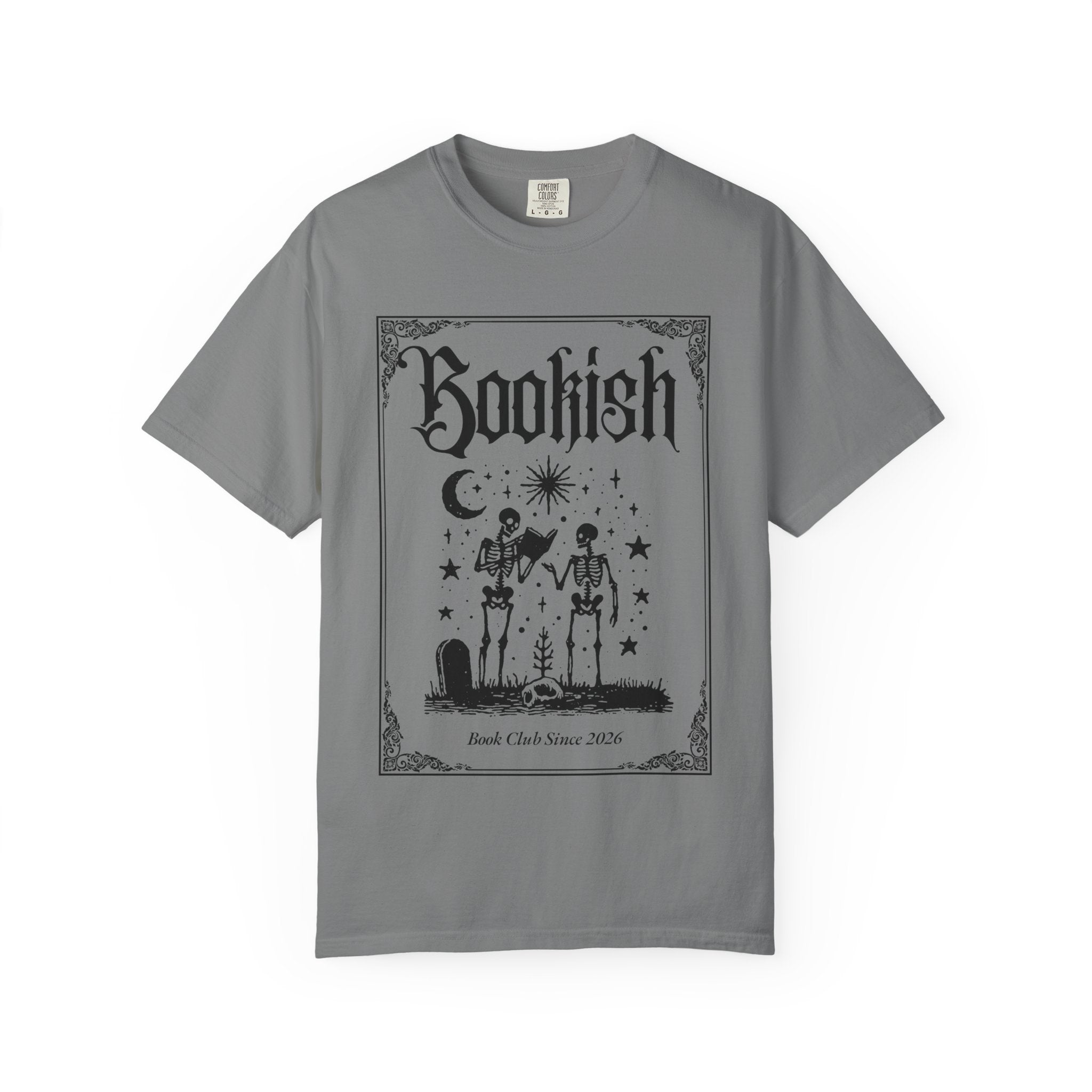Bookish Dark Graphic T-Shirt — Gothic Skeleton Reading Design