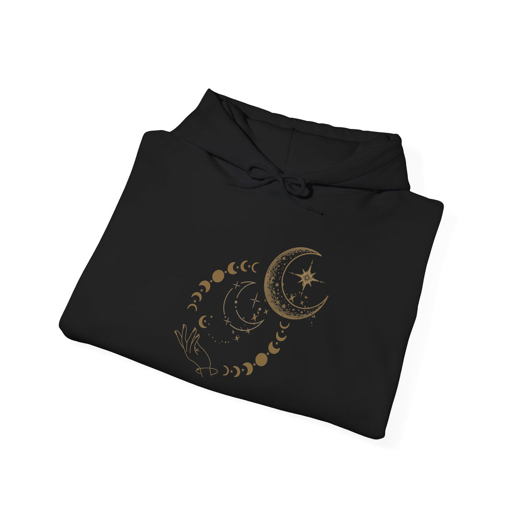 Celestial Moon Phases Hoodie – Gold Crescent & Stars Spiritual Sweatshirt
