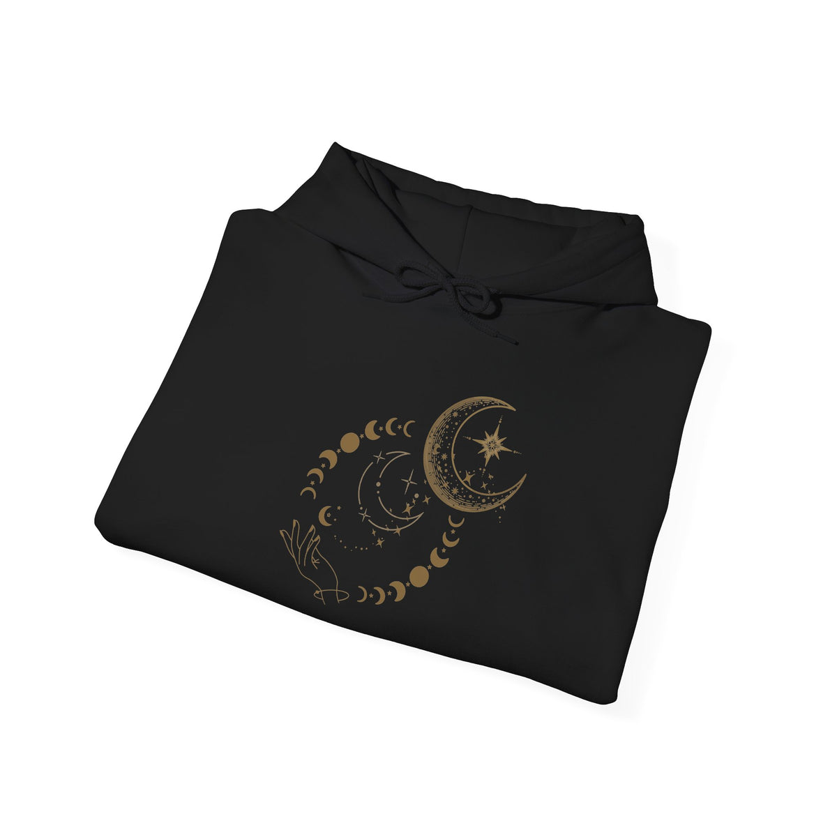 Celestial Moon Phases Hoodie – Gold Crescent & Stars Spiritual Sweatshirt