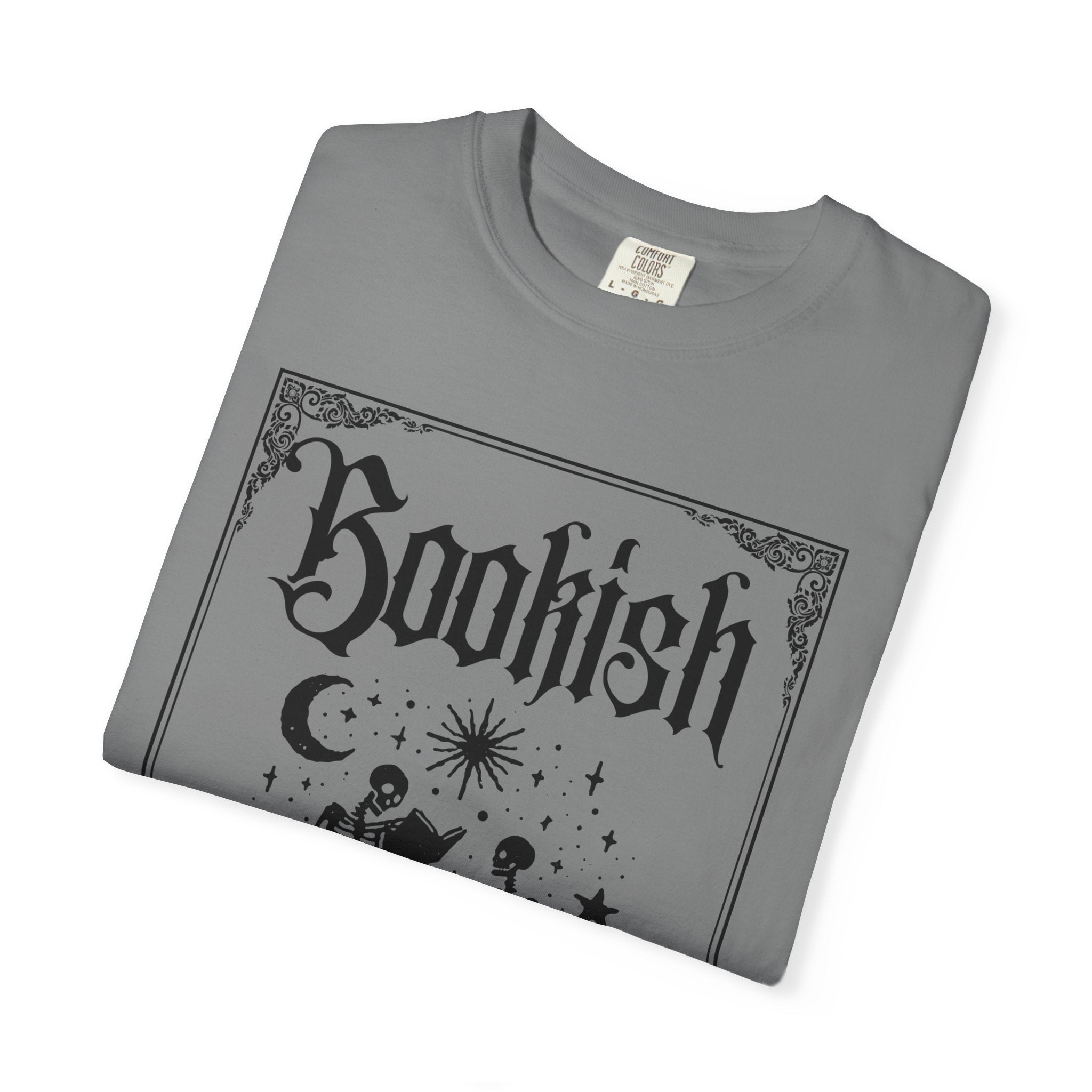 Bookish Dark Graphic T-Shirt — Gothic Skeleton Reading Design