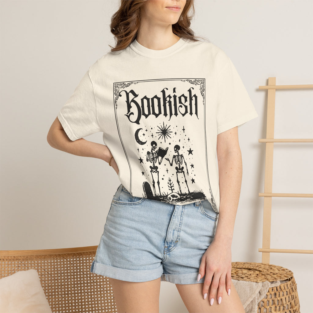 Bookish Dark Graphic T-Shirt — Gothic Skeleton Reading Design