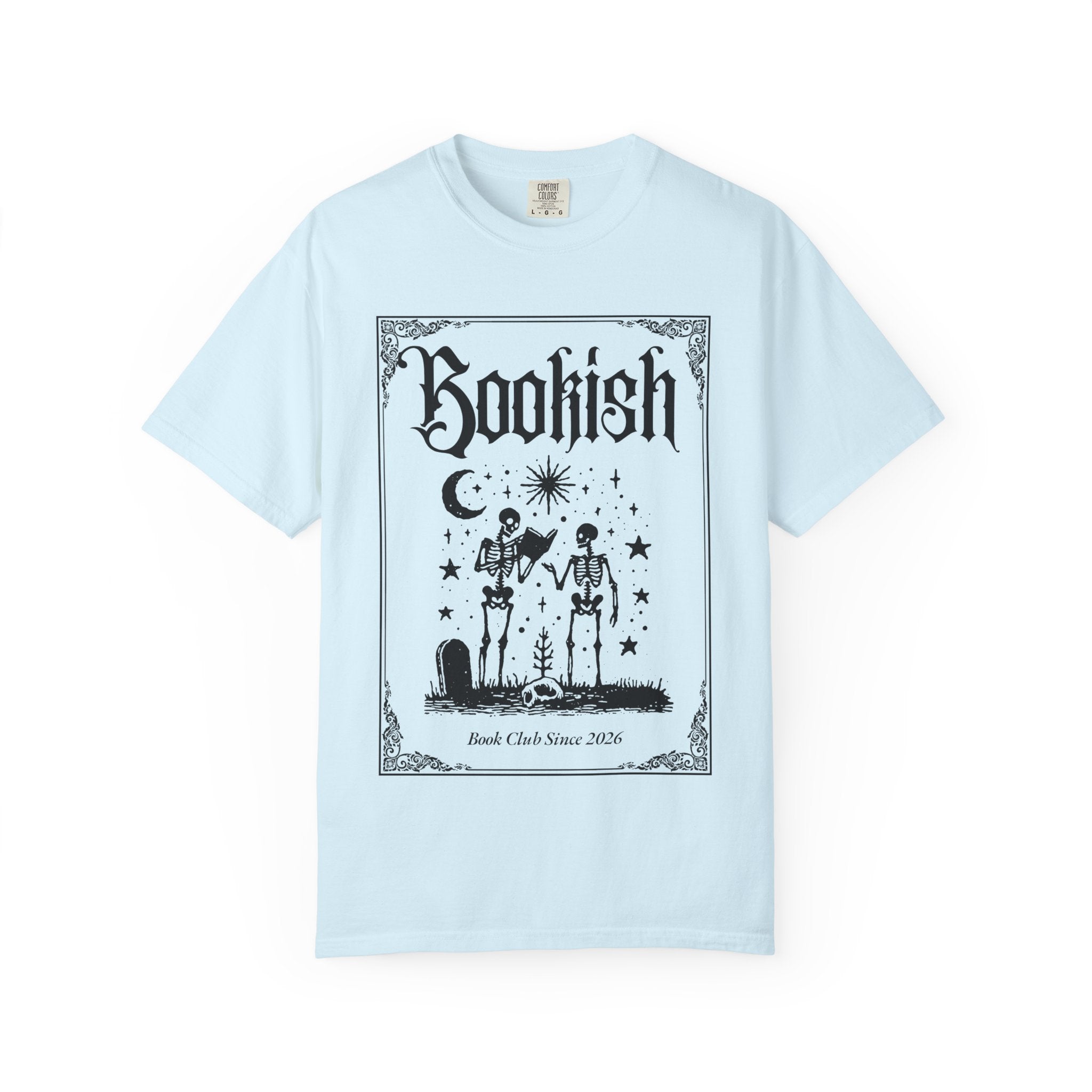 Bookish Dark Graphic T-Shirt — Gothic Skeleton Reading Design