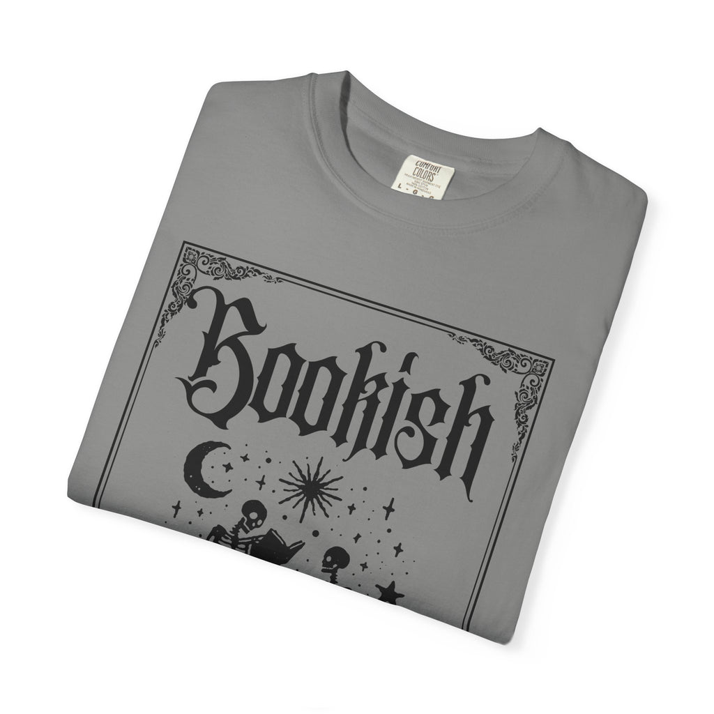 Bookish Dark Graphic T-Shirt — Gothic Skeleton Reading Design