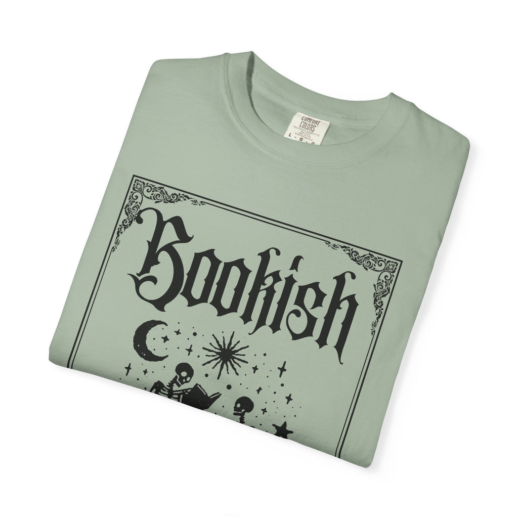 Bookish Dark Graphic T-Shirt — Gothic Skeleton Reading Design
