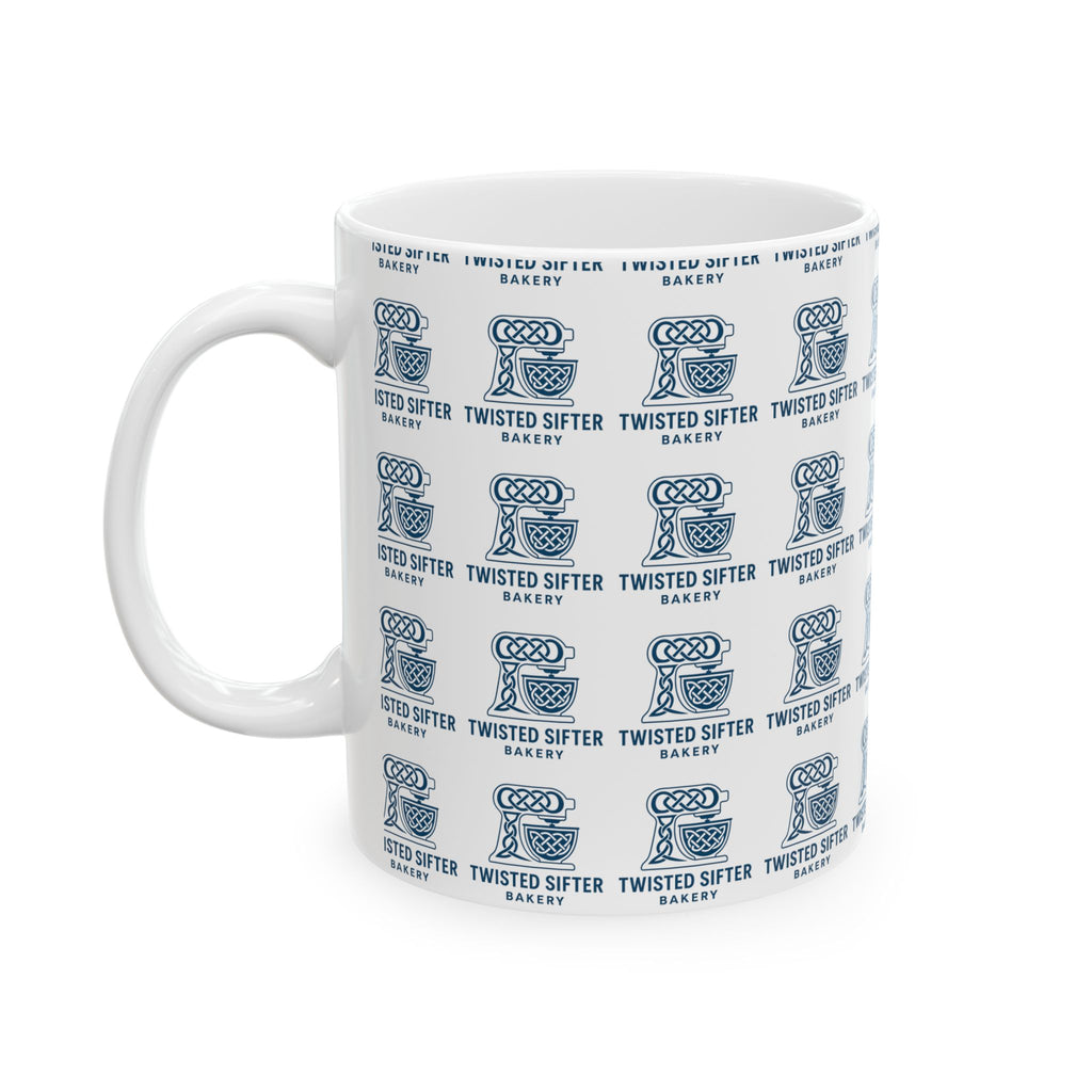 Bakery Logo Ceramic Mug — 'Twisted Sifter' Patterned Coffee Cup (11oz/15oz)