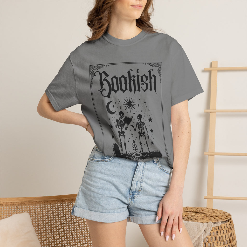 Bookish Dark Graphic T-Shirt — Gothic Skeleton Reading Design