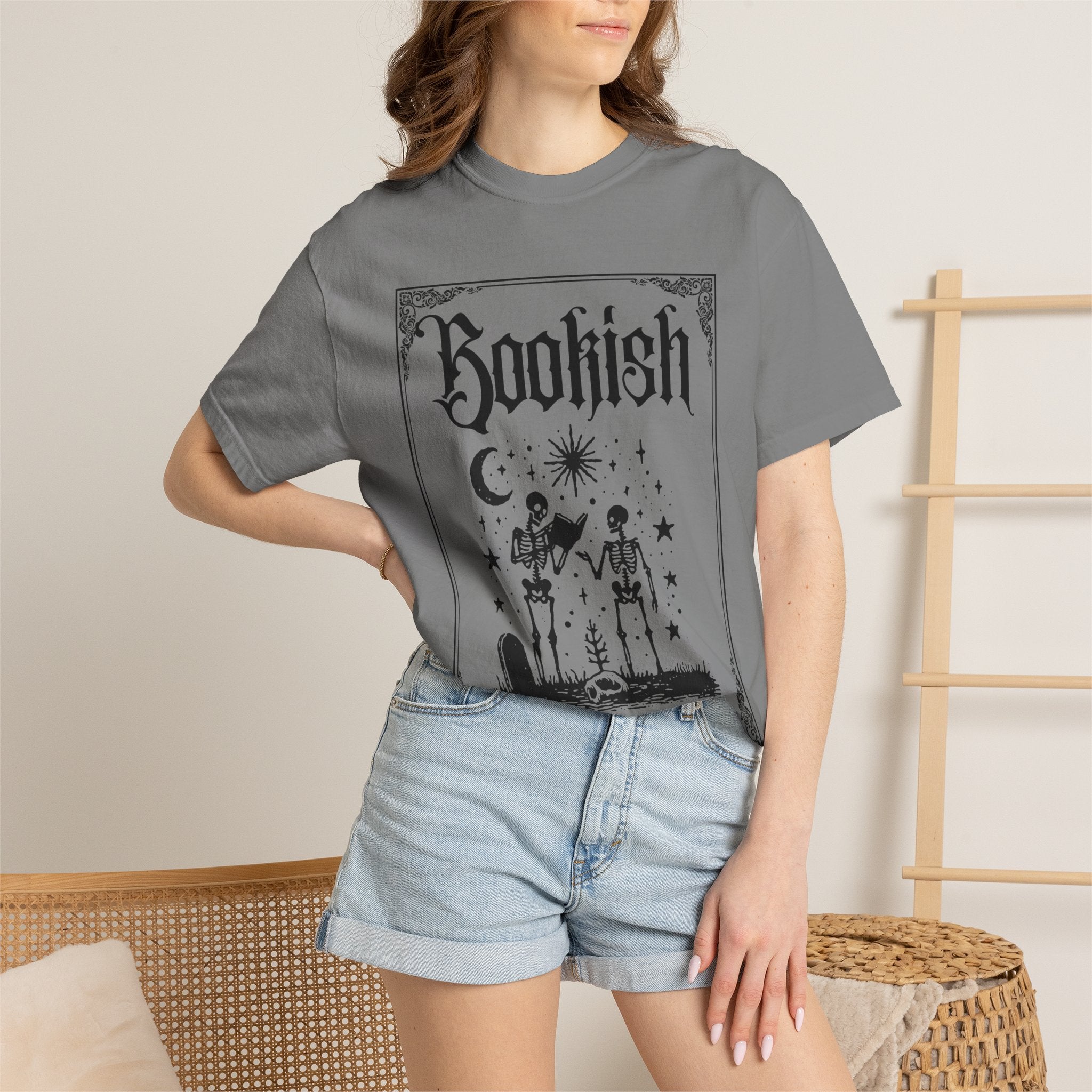 Bookish Dark Graphic T-Shirt — Gothic Skeleton Reading Design