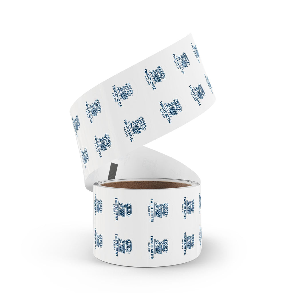 Round Bakery Logo Sticker Roll — "Twisted Sifter" Branded Labels
