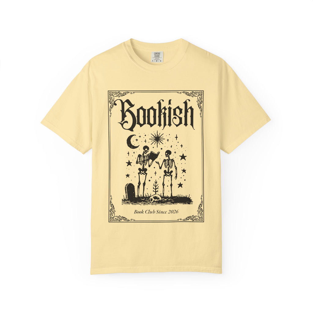 Bookish Dark Graphic T-Shirt — Gothic Skeleton Reading Design