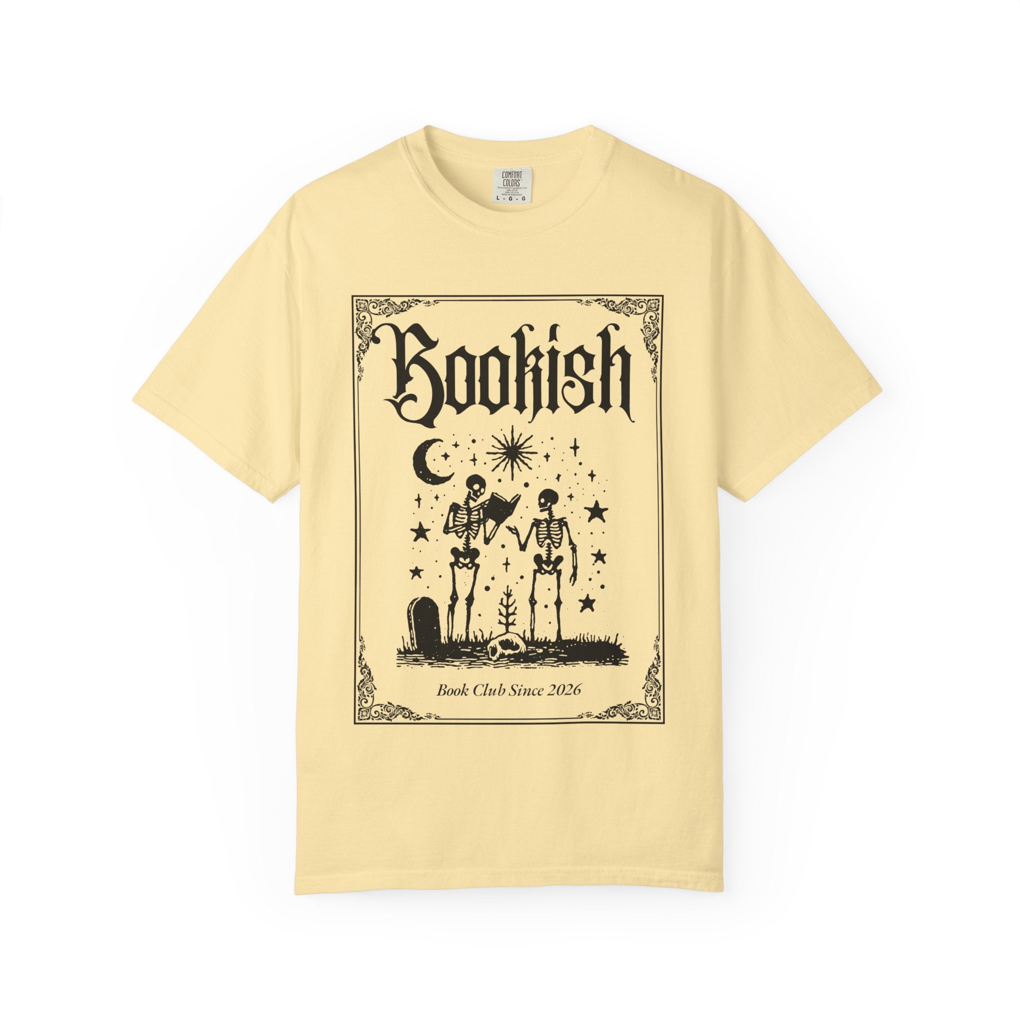Bookish Dark Graphic T-Shirt — Gothic Skeleton Reading Design