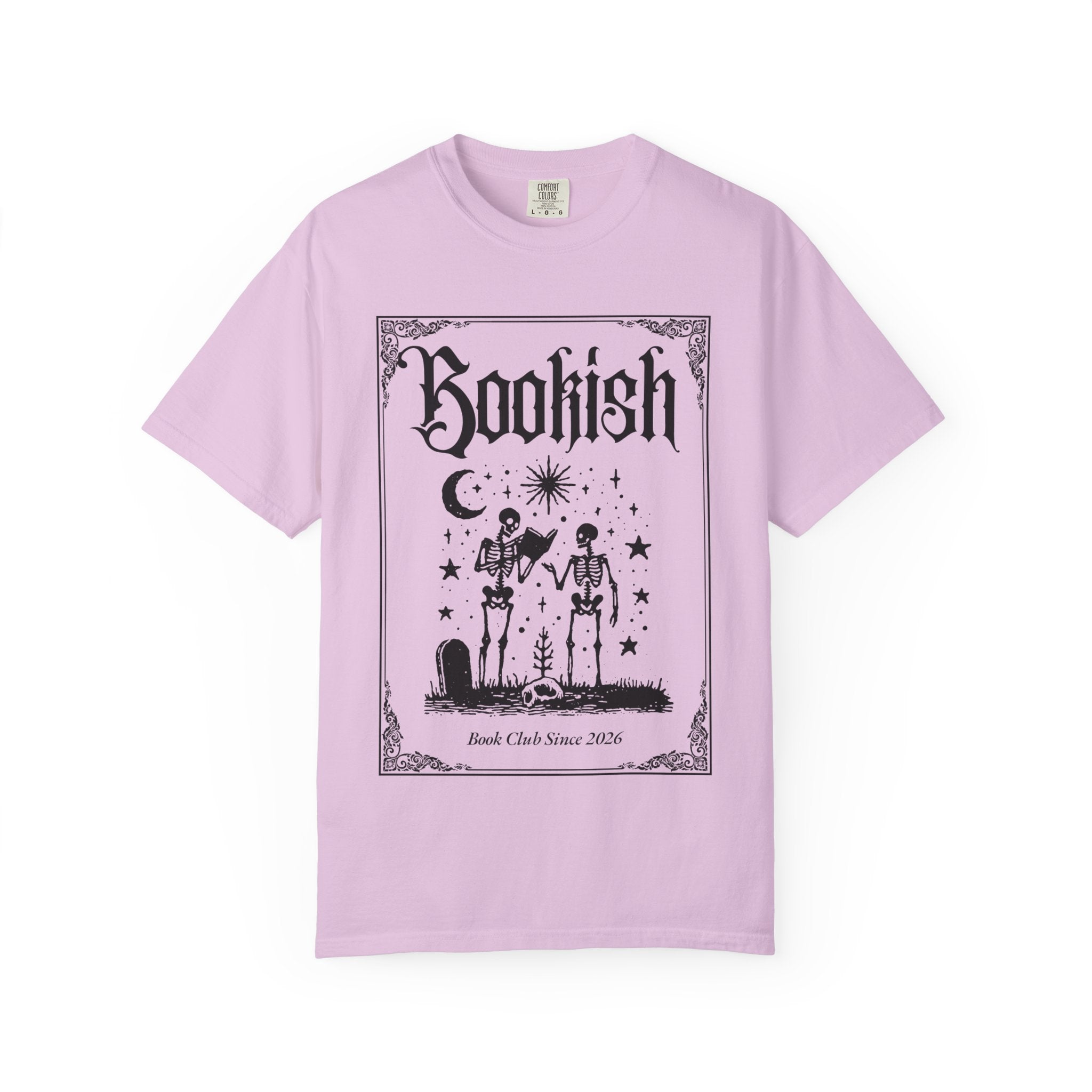 Bookish Dark Graphic T-Shirt — Gothic Skeleton Reading Design