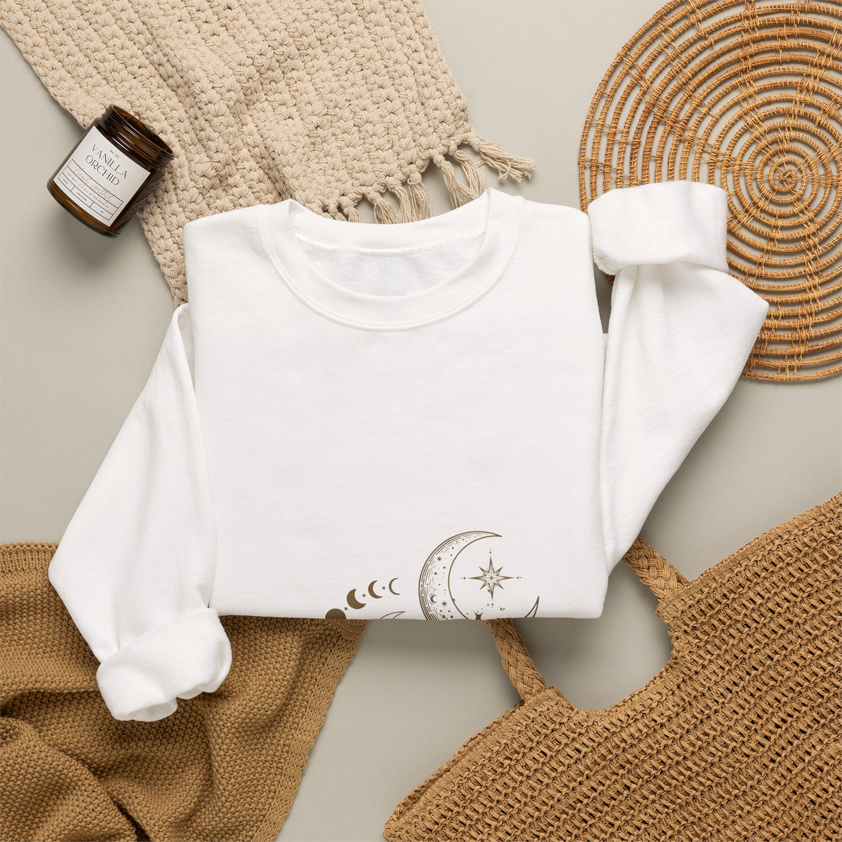 Moon Phases Crewneck Sweatshirt — Celestial Crescent & Phases Graphic
