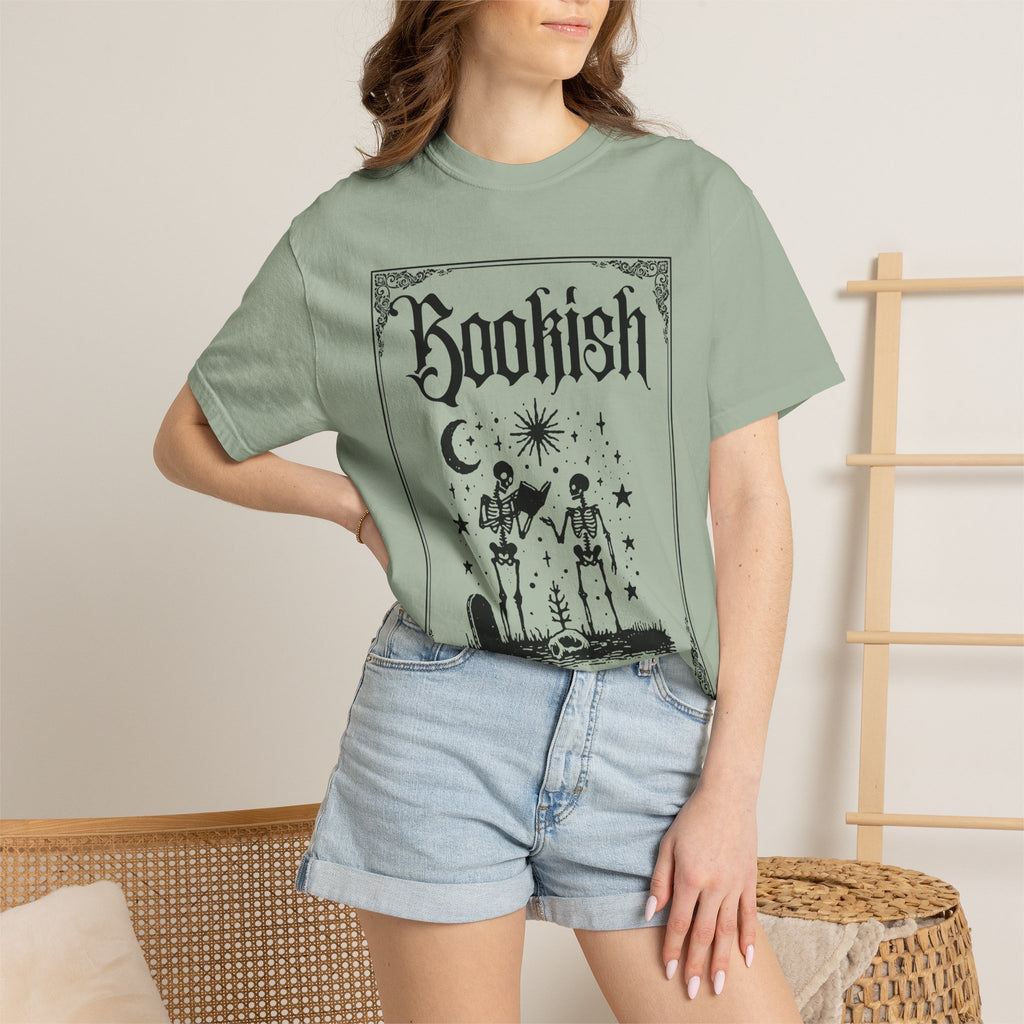 Bookish Dark Graphic T-Shirt — Gothic Skeleton Reading Design
