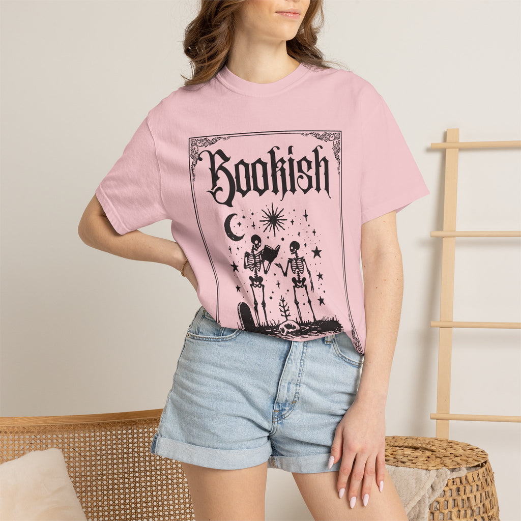 Bookish Dark Graphic T-Shirt — Gothic Skeleton Reading Design