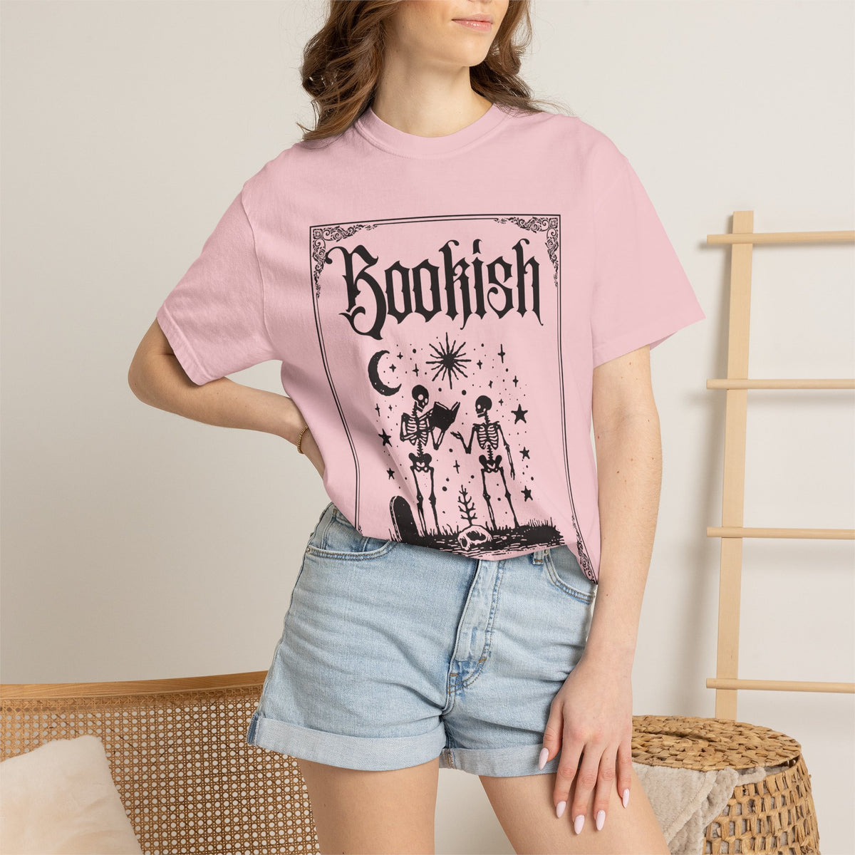 Bookish Dark Graphic T-Shirt — Gothic Skeleton Reading Design