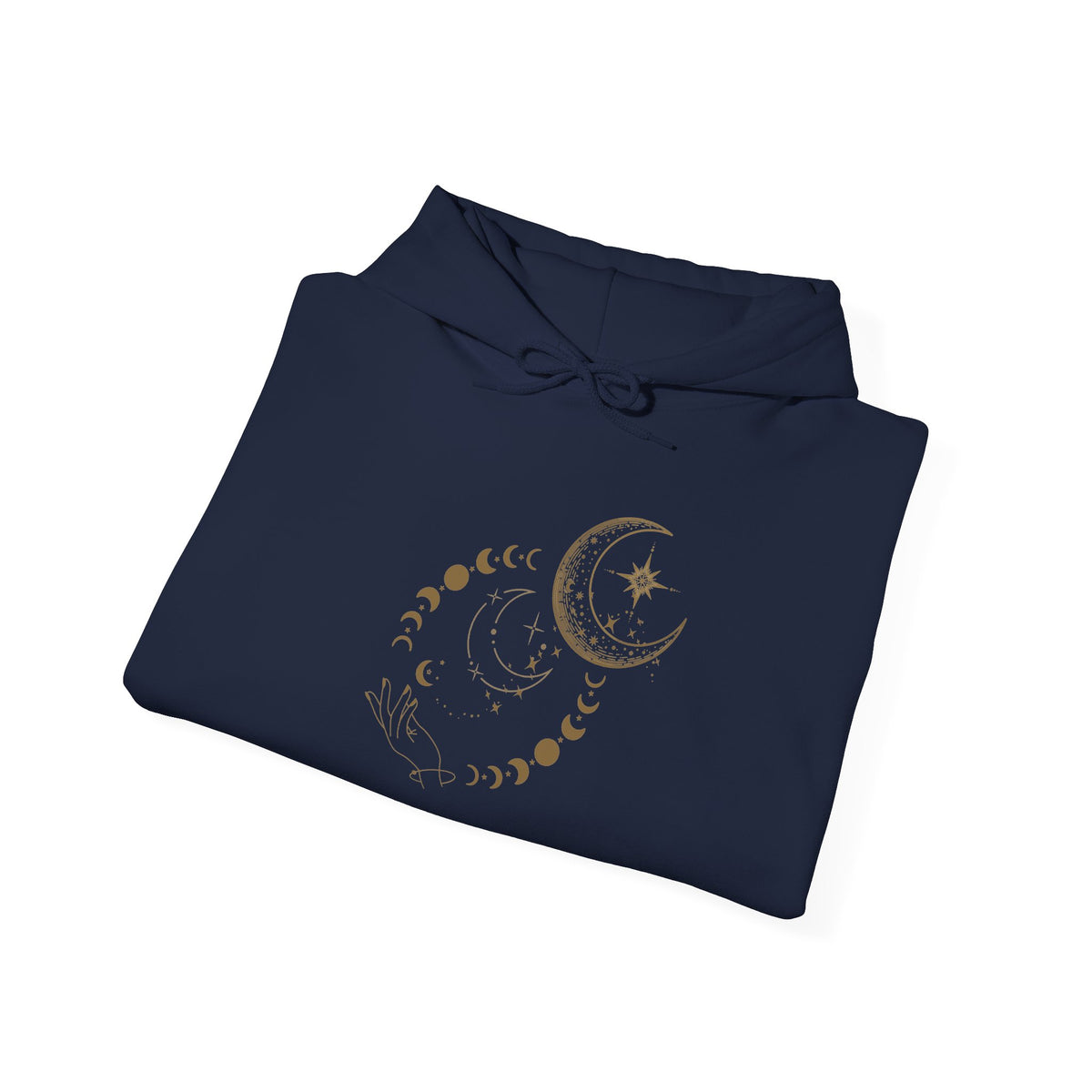 Celestial Moon Phases Hoodie – Gold Crescent & Stars Spiritual Sweatshirt