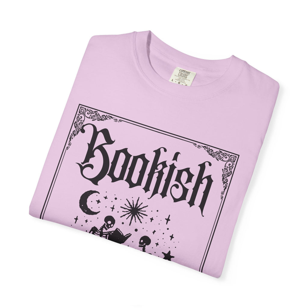 Bookish Dark Graphic T-Shirt — Gothic Skeleton Reading Design