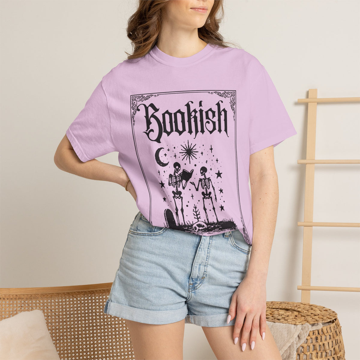 Bookish Dark Graphic T-Shirt — Gothic Skeleton Reading Design