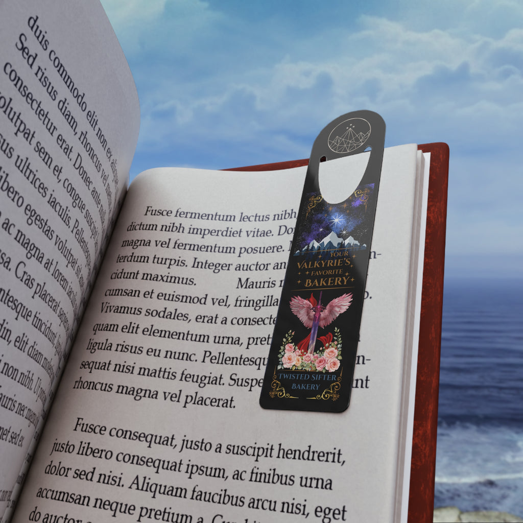 Valkyries Favorite Bakery Metal Bookmark — Fantasy Night Sky & Winged Rose Design