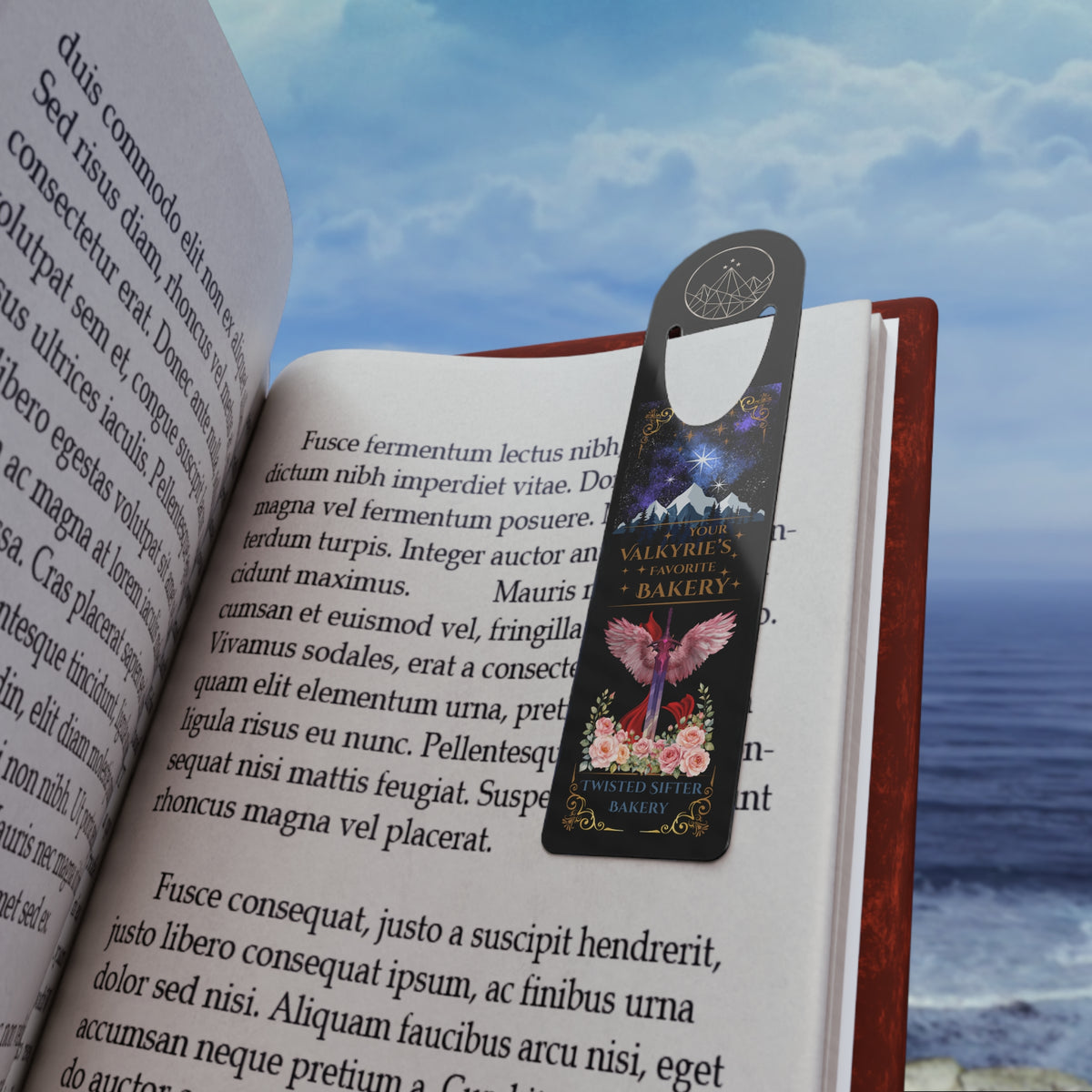 Valkyries Favorite Bakery Metal Bookmark — Fantasy Night Sky & Winged Rose Design