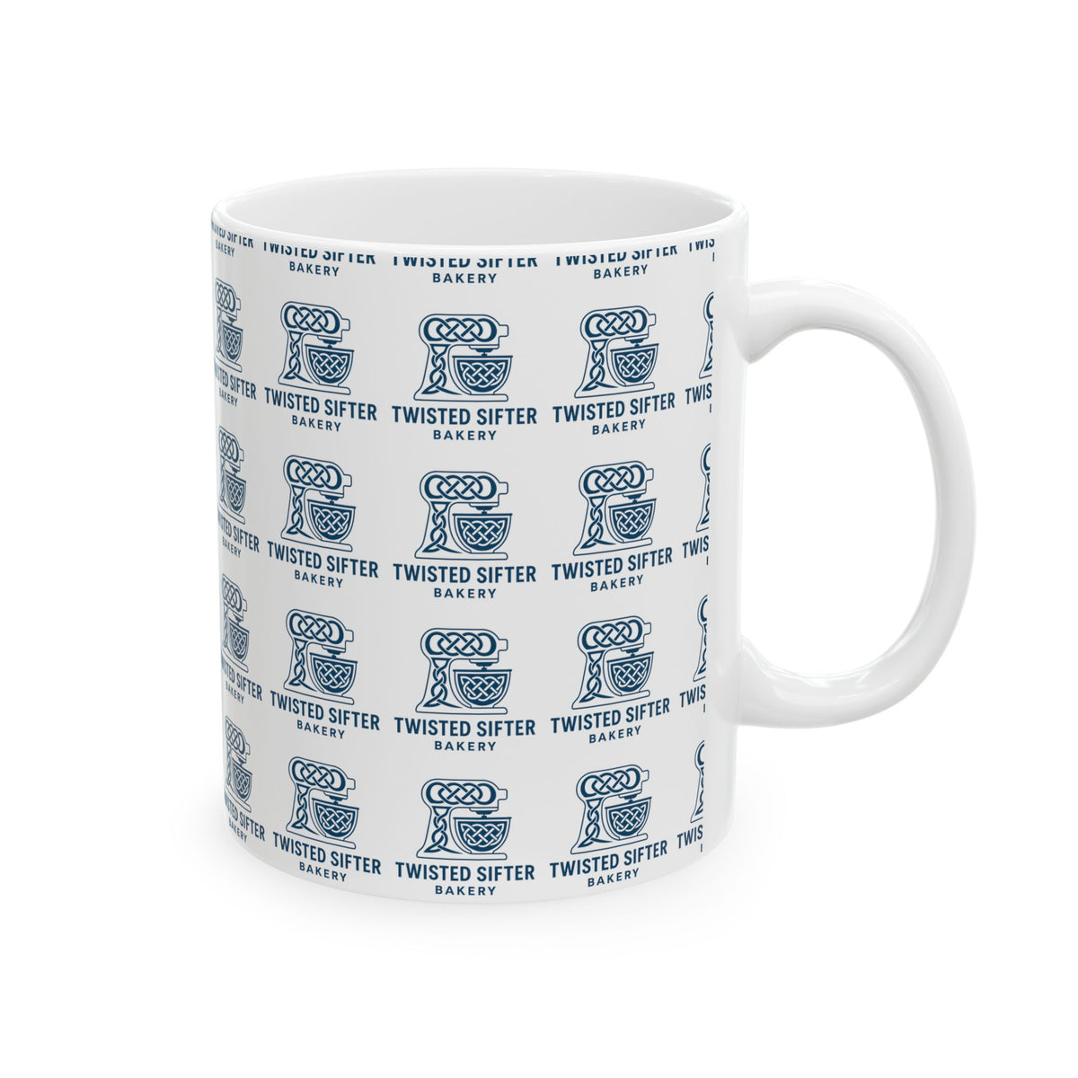 Bakery Logo Ceramic Mug — 'Twisted Sifter' Patterned Coffee Cup (11oz/15oz)