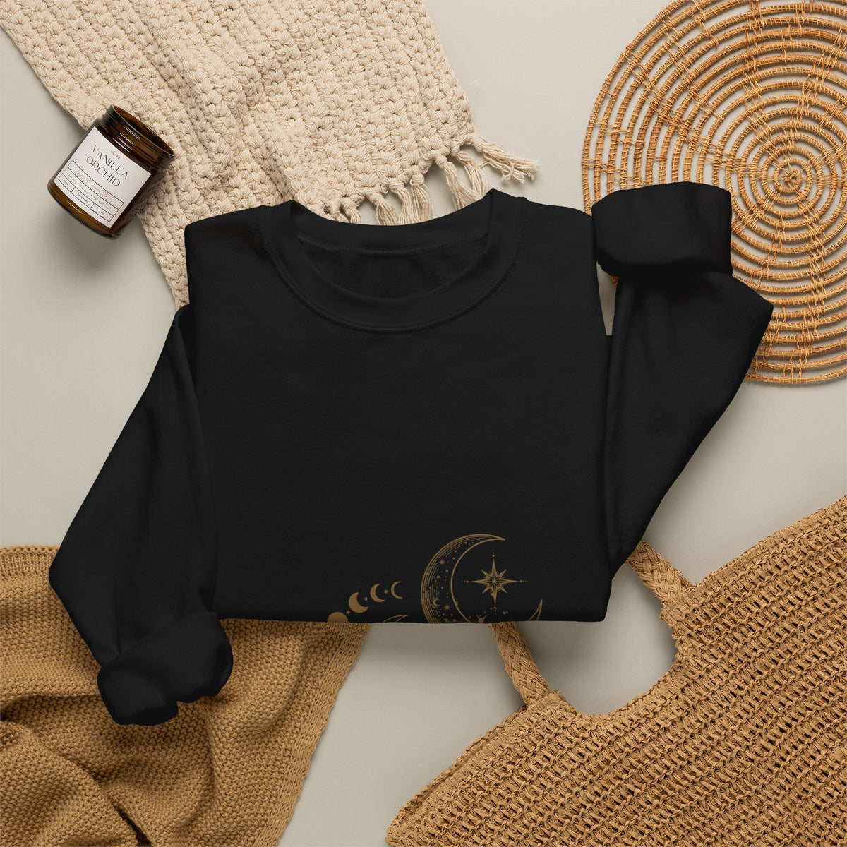 Moon Phases Crewneck Sweatshirt — Celestial Crescent & Phases Graphic