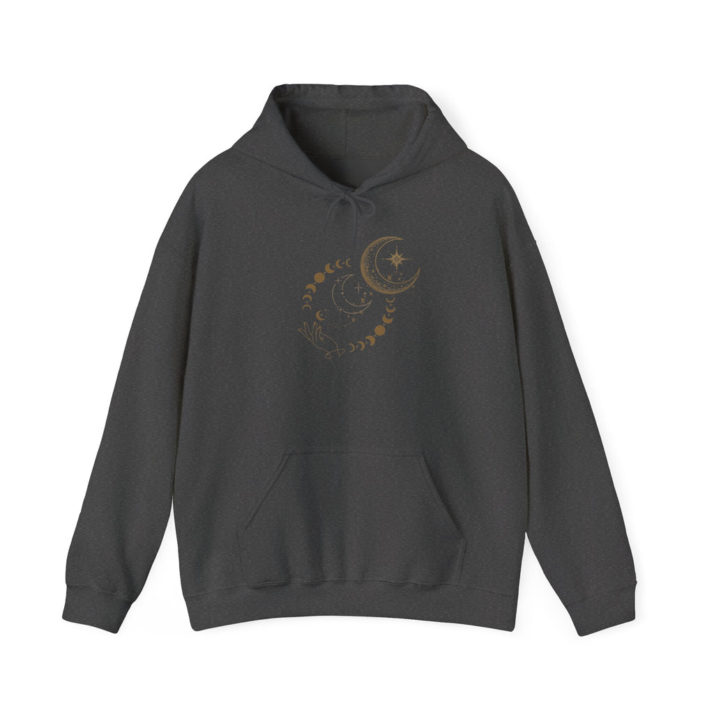 Celestial Moon Phases Hoodie – Gold Crescent & Stars Spiritual Sweatshirt