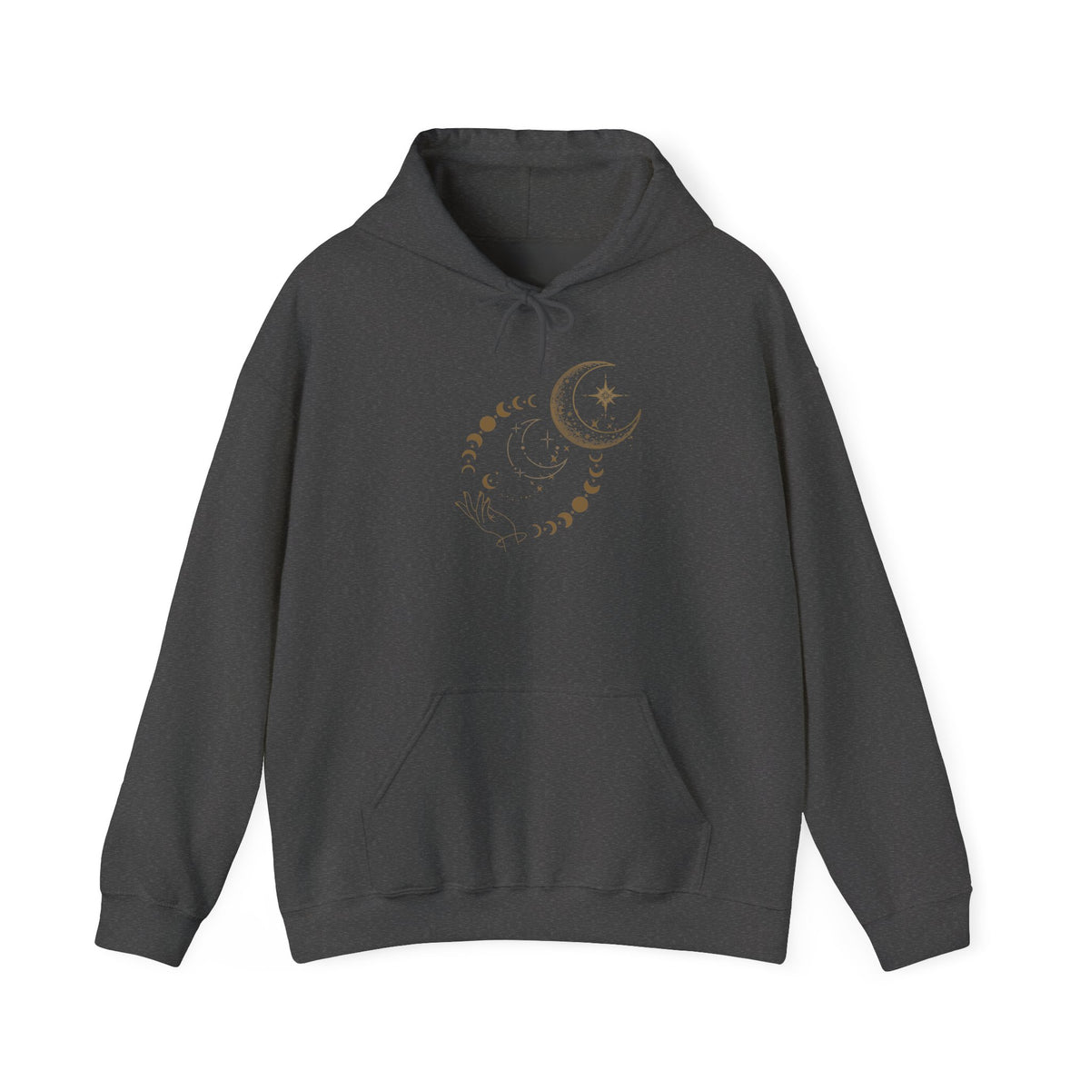 Celestial Moon Phases Hoodie – Gold Crescent & Stars Spiritual Sweatshirt