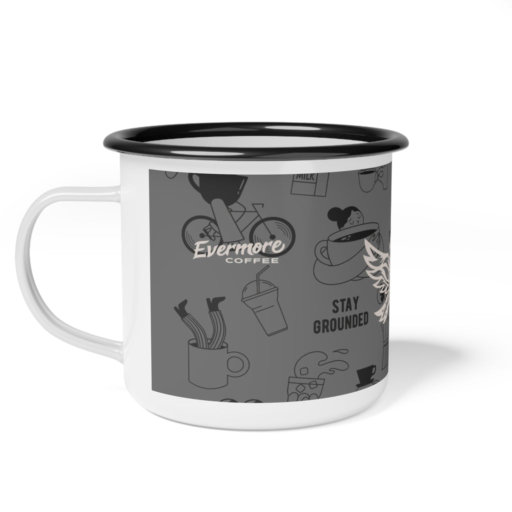 Evermore Coffee Enamel Camp Cup — Vintage Coffee Icons, 'Stay Grounded' Camper Mug