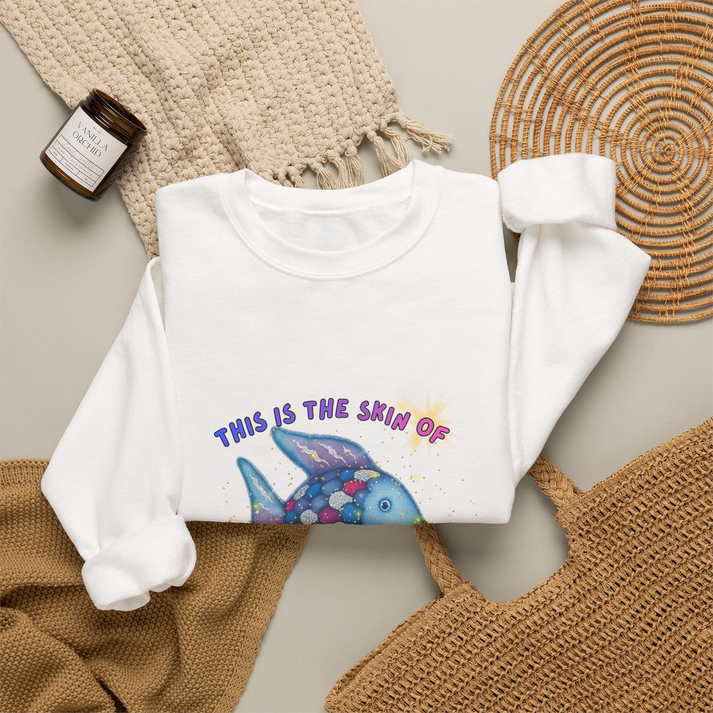 Crewneck Sweatshirt — 'This Is The Skin Of A Killer, Baby' Colorful Fish Graphic