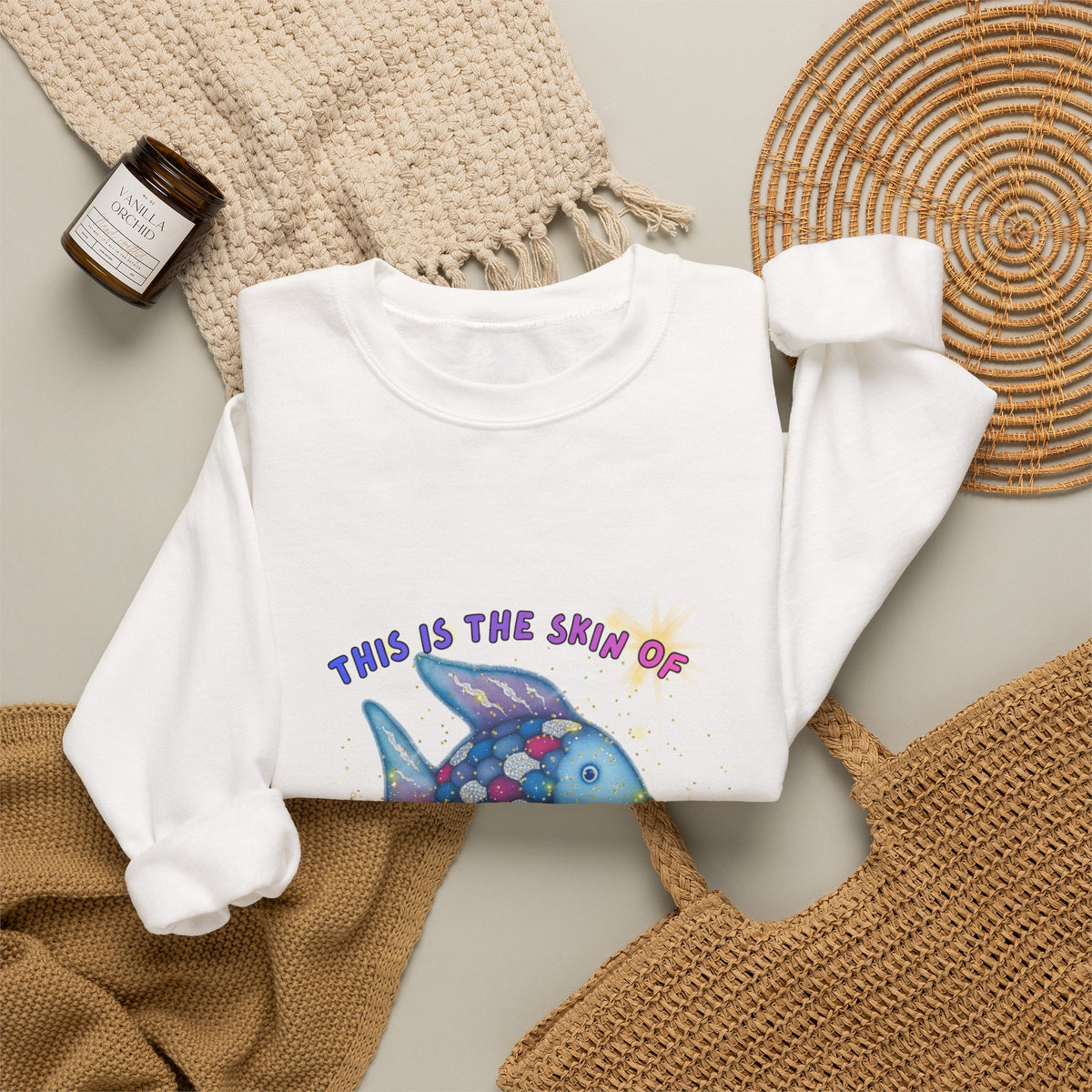 Crewneck Sweatshirt — 'This Is The Skin Of A Killer, Baby' Colorful Fish Graphic