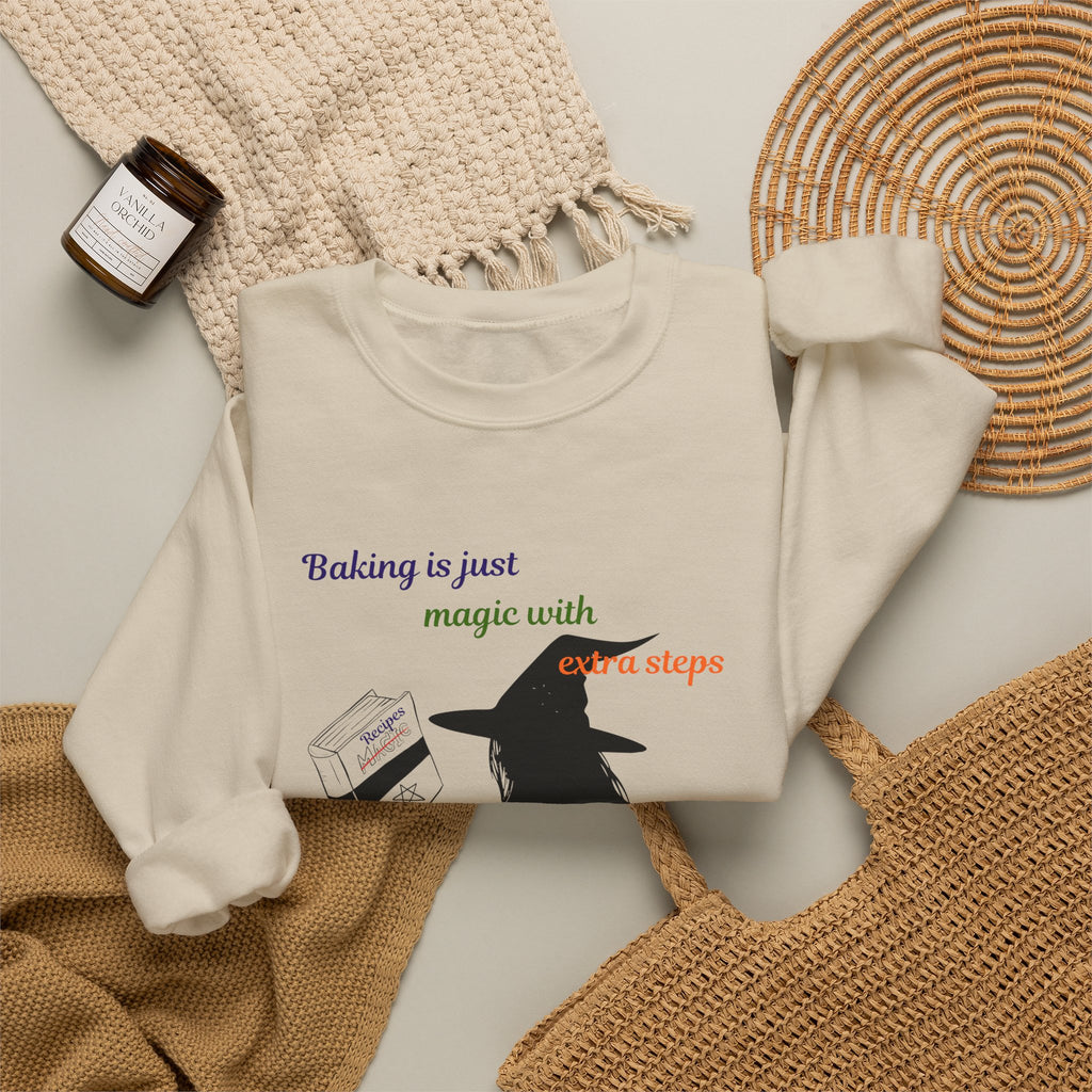 Witch Baking Crewneck Sweatshirt — "Baking is just magic with a few steps" Halloween Sweater