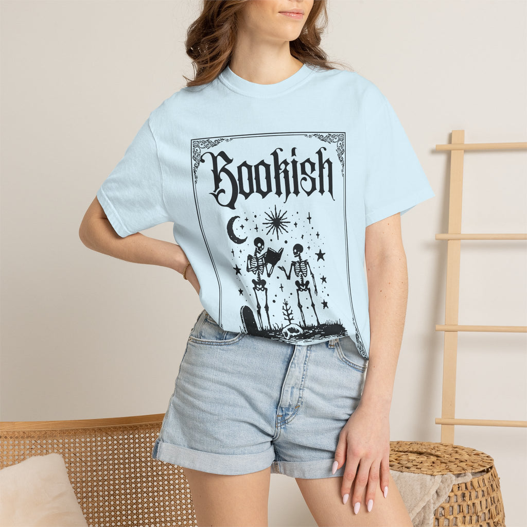 Bookish Dark Graphic T-Shirt — Gothic Skeleton Reading Design