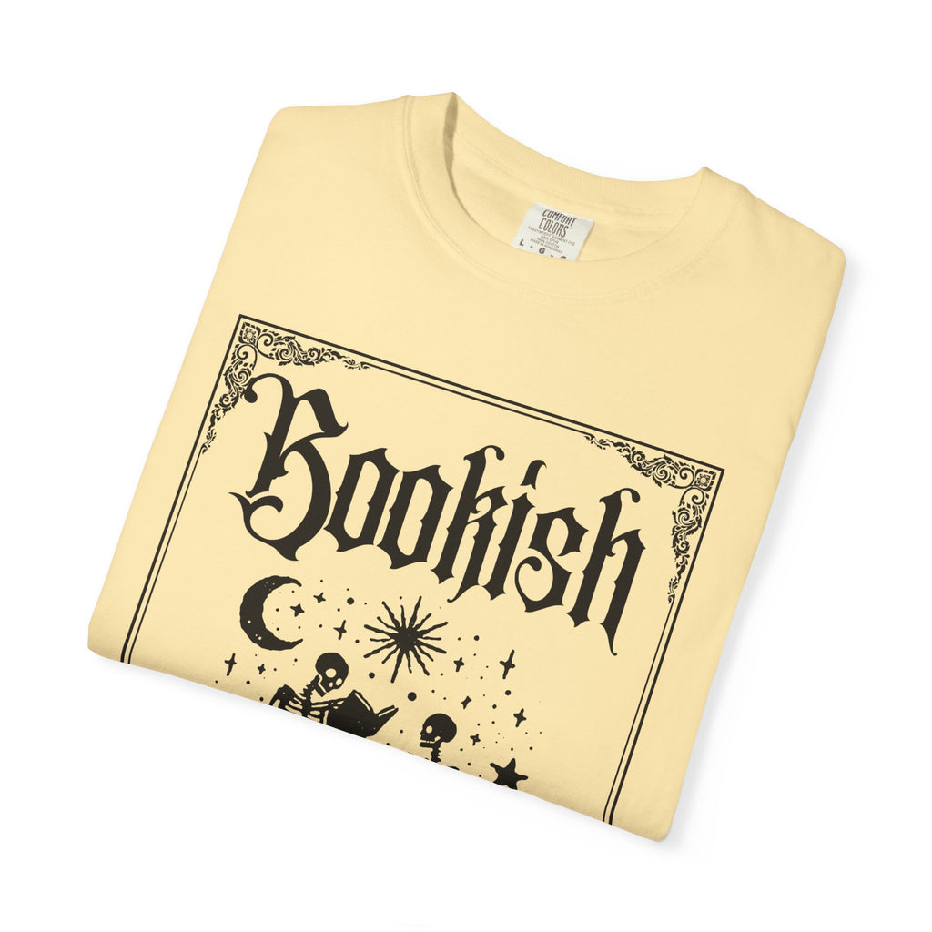 Bookish Dark Graphic T-Shirt — Gothic Skeleton Reading Design