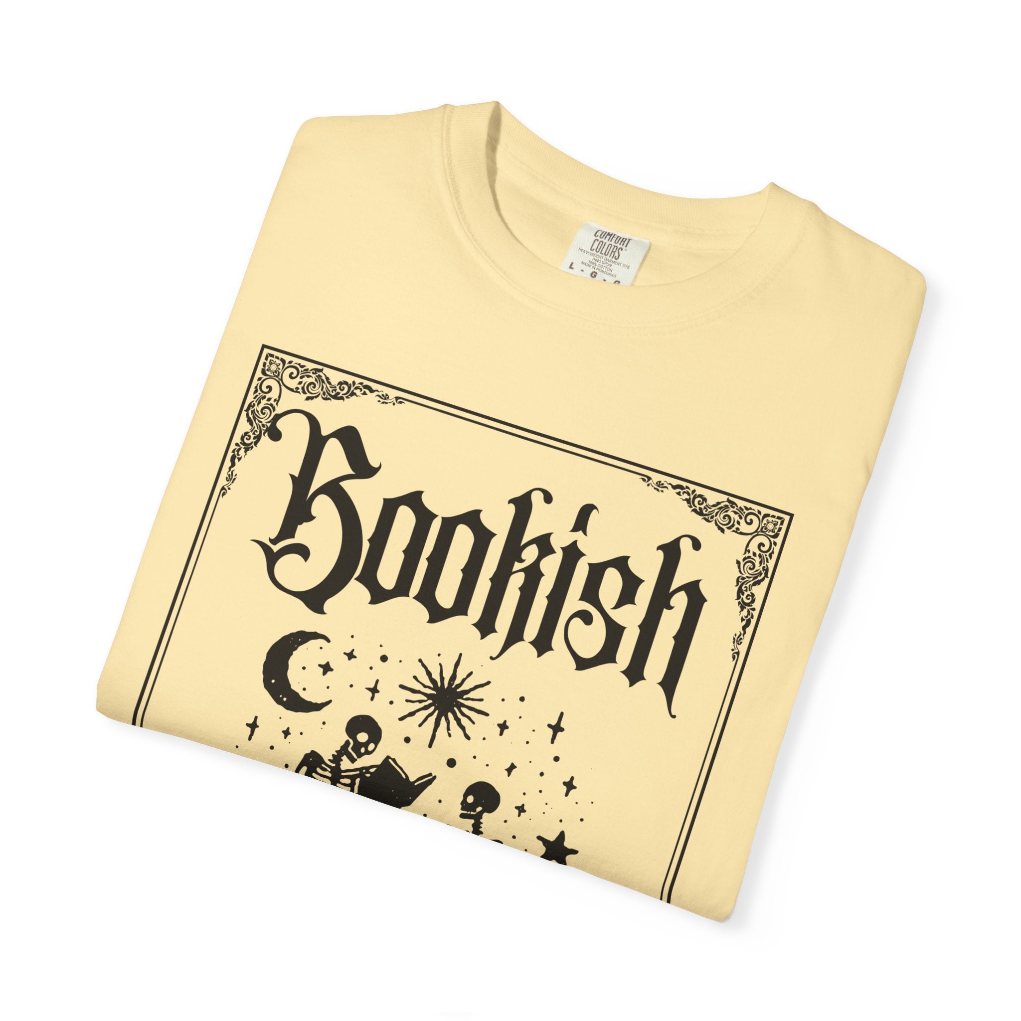 Bookish Dark Graphic T-Shirt — Gothic Skeleton Reading Design
