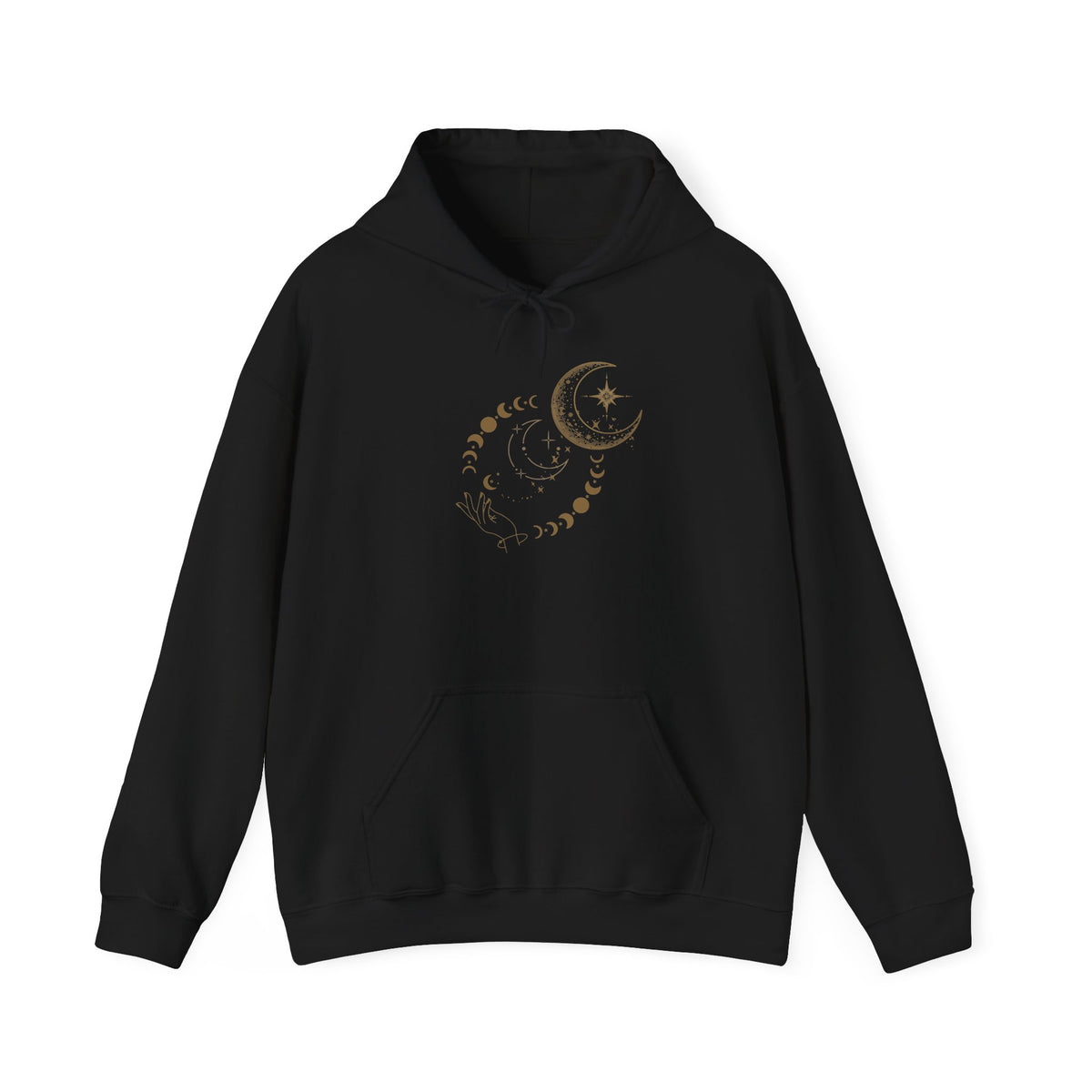 Celestial Moon Phases Hoodie – Gold Crescent & Stars Spiritual Sweatshirt