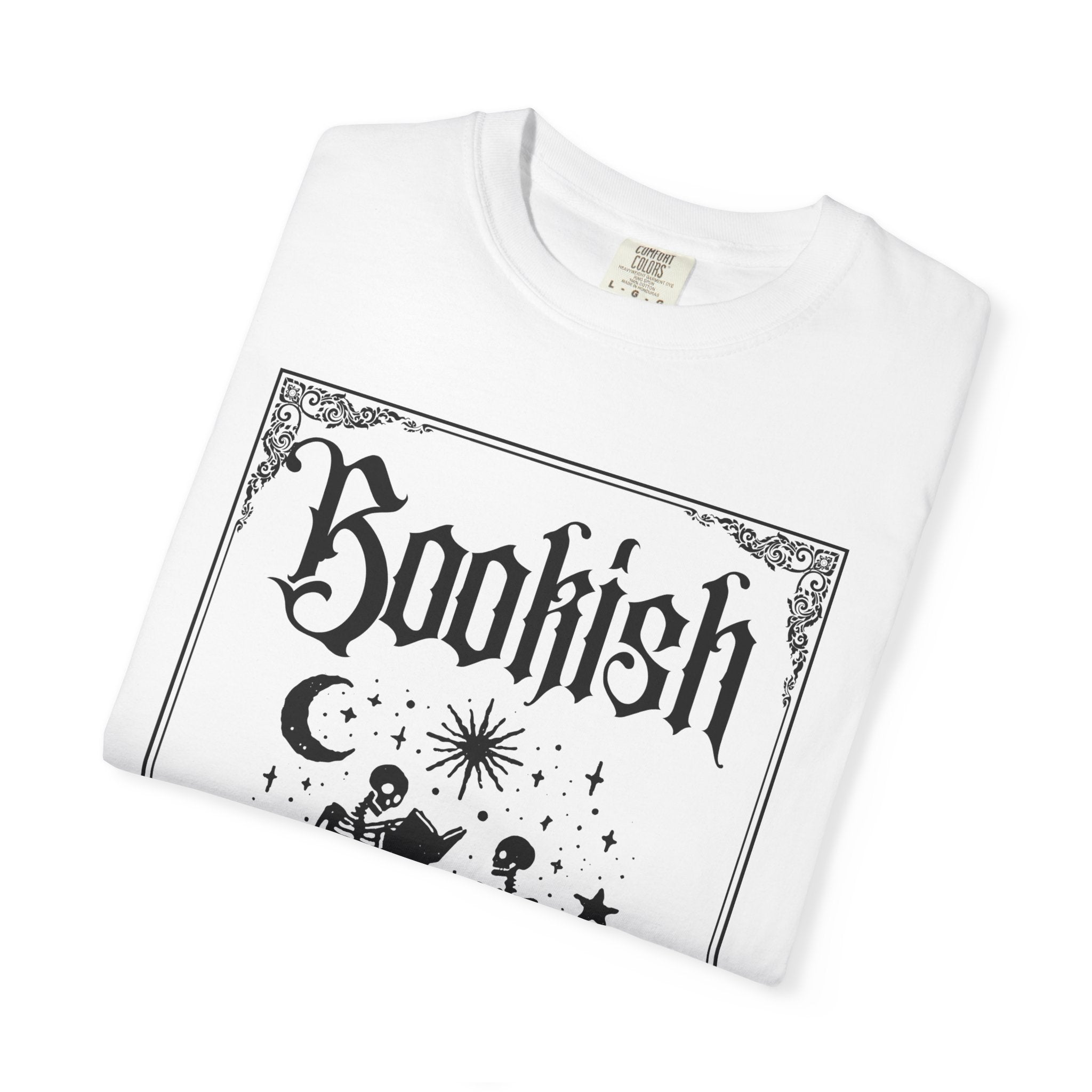 Bookish Dark Graphic T-Shirt — Gothic Skeleton Reading Design