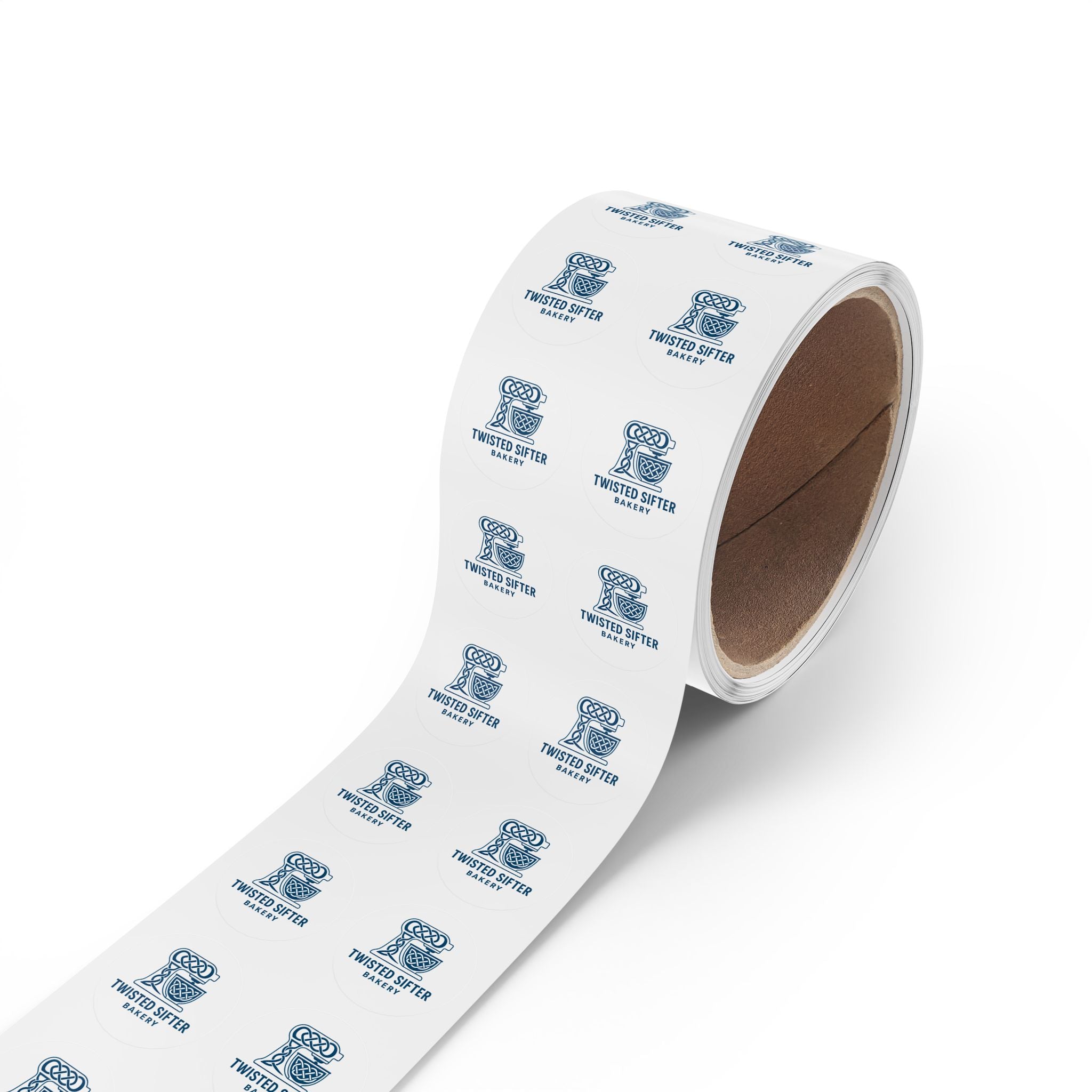 Round Bakery Logo Sticker Roll — "Twisted Sifter" Branded Labels