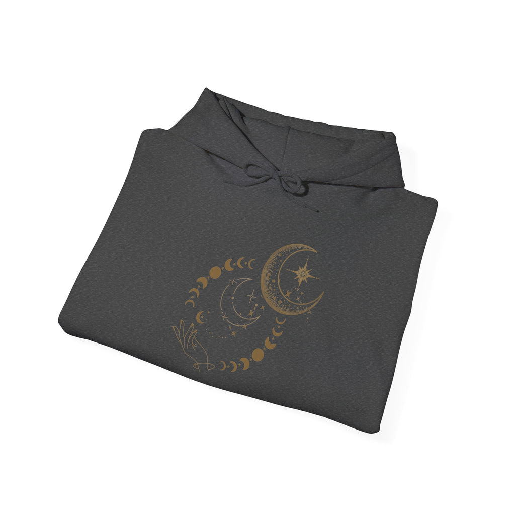 Celestial Moon Phases Hoodie – Gold Crescent & Stars Spiritual Sweatshirt
