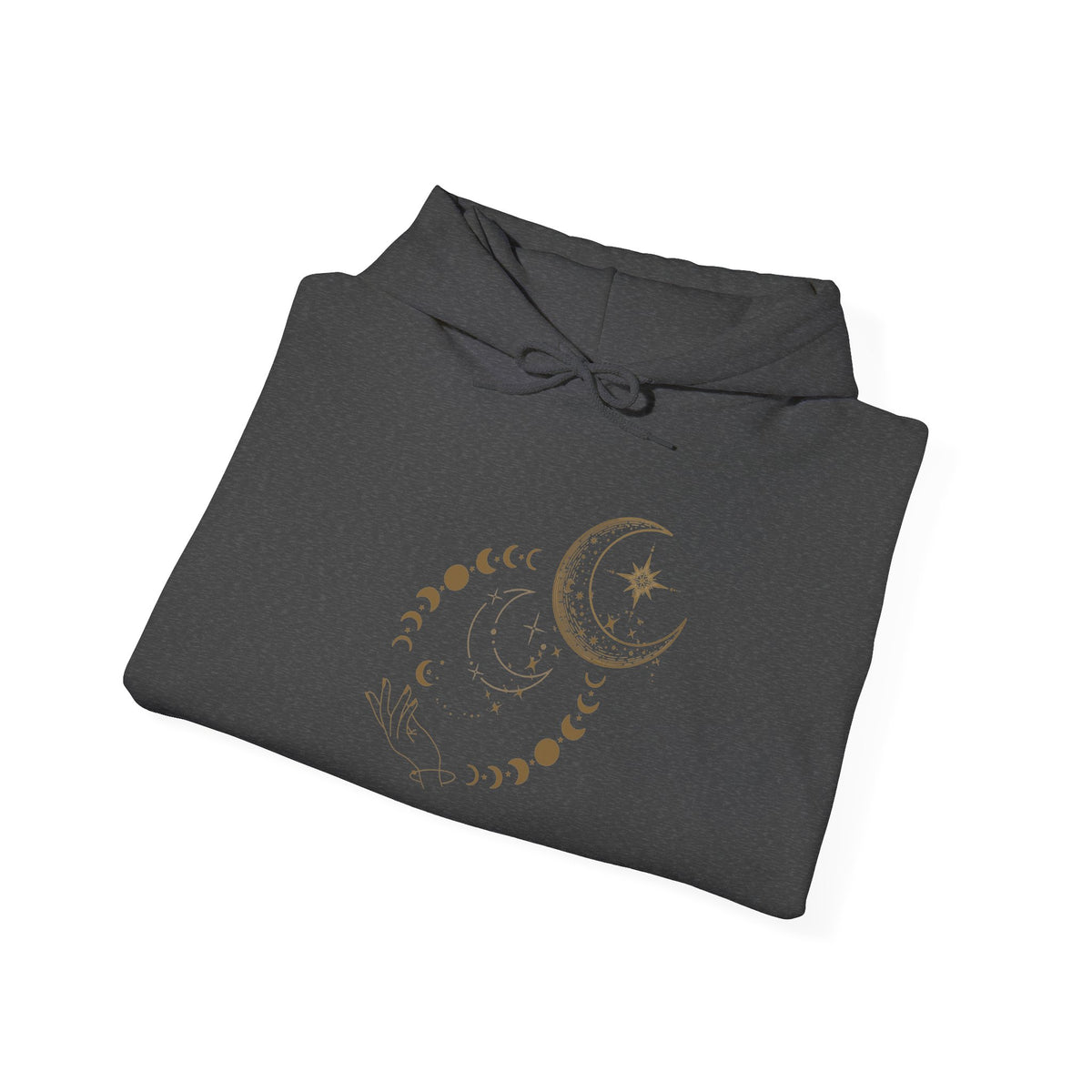 Celestial Moon Phases Hoodie – Gold Crescent & Stars Spiritual Sweatshirt